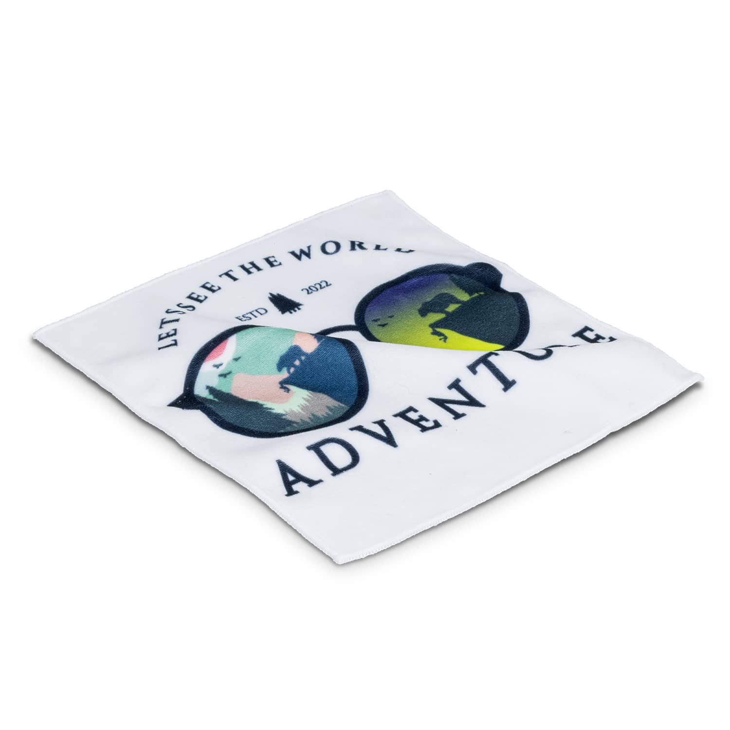A square cloth featuring colourful sunglasses illustrations and text, primarily white with green, blue, and pink accents. Magic Cover - Small - Image 1