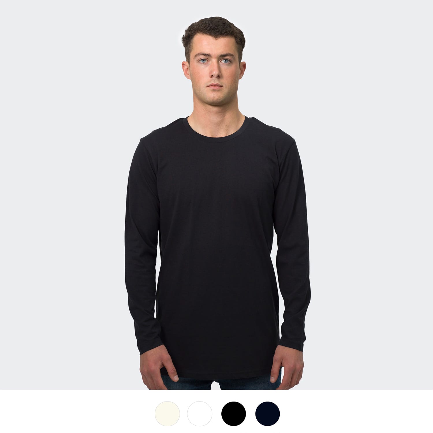 Long sleeve men's crew shirt in black, featuring a simple design and a logo. Available in other colours: white and navy. TRENDSWEAR Harlow Men's Long Sleeve Crew - Image 1