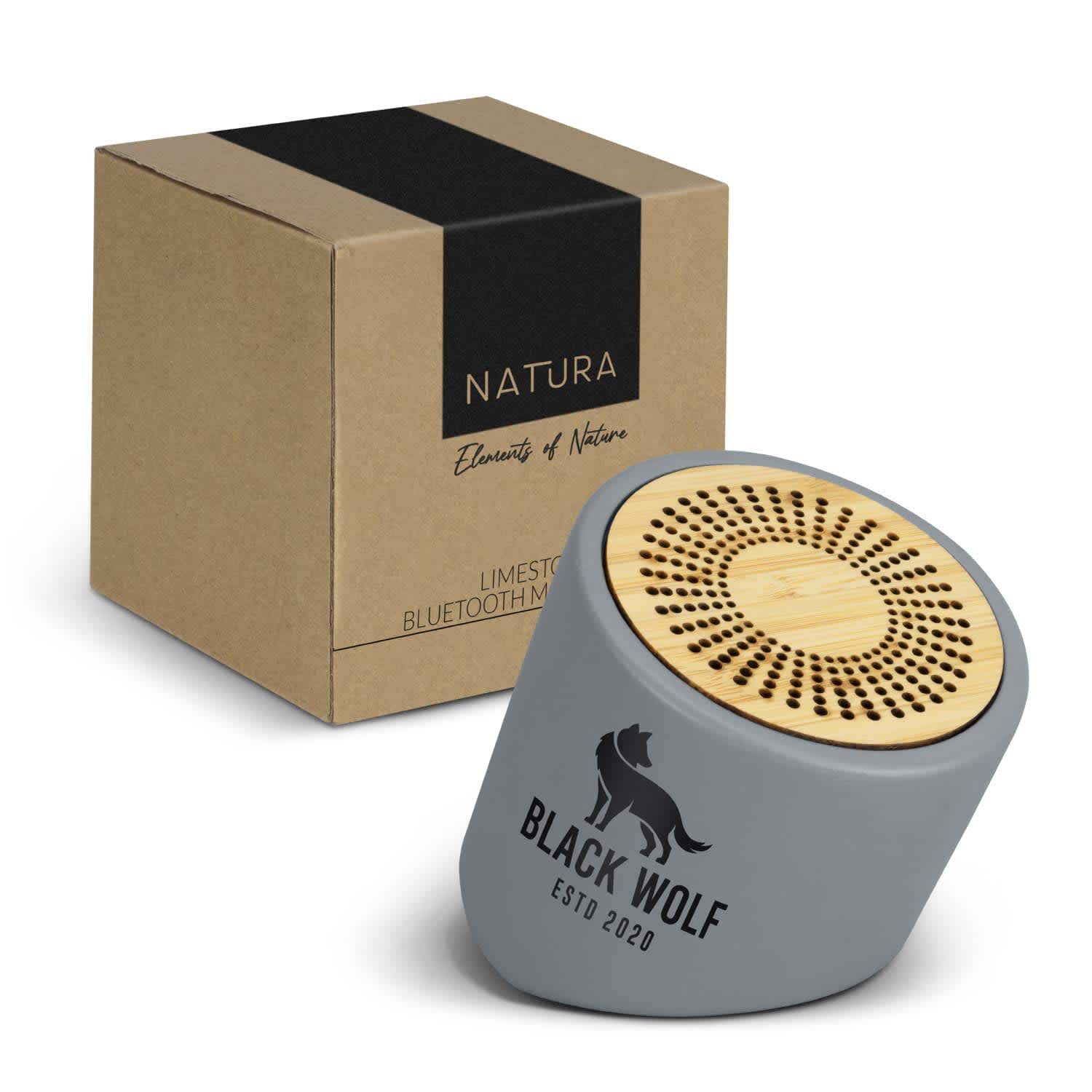 A grey Bluetooth mini speaker with a wooden top, next to a sturdy brown box featuring branding. NATURA Limestone Bluetooth Mini Speaker - Image 1