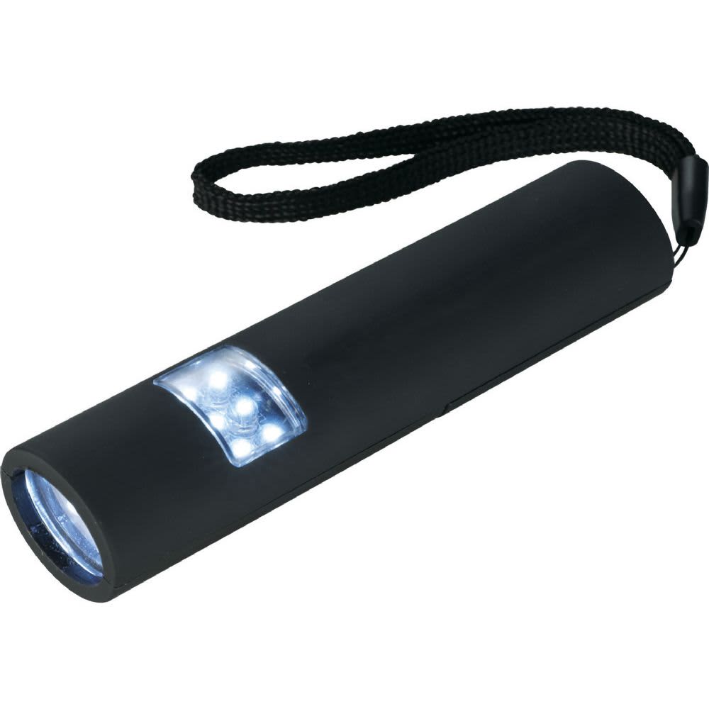 A black magnetic LED flashlight with a strap, featuring a slim design and bright white lights. Mini Grip Slim & Bright Magnetic LED Flashlight - Image 1