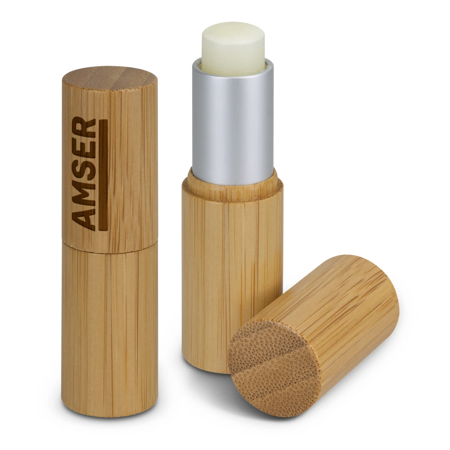 A bamboo lip balm container in natural colour with a silver top and a visible branding element. Bamboo Lip Balm - Image 1