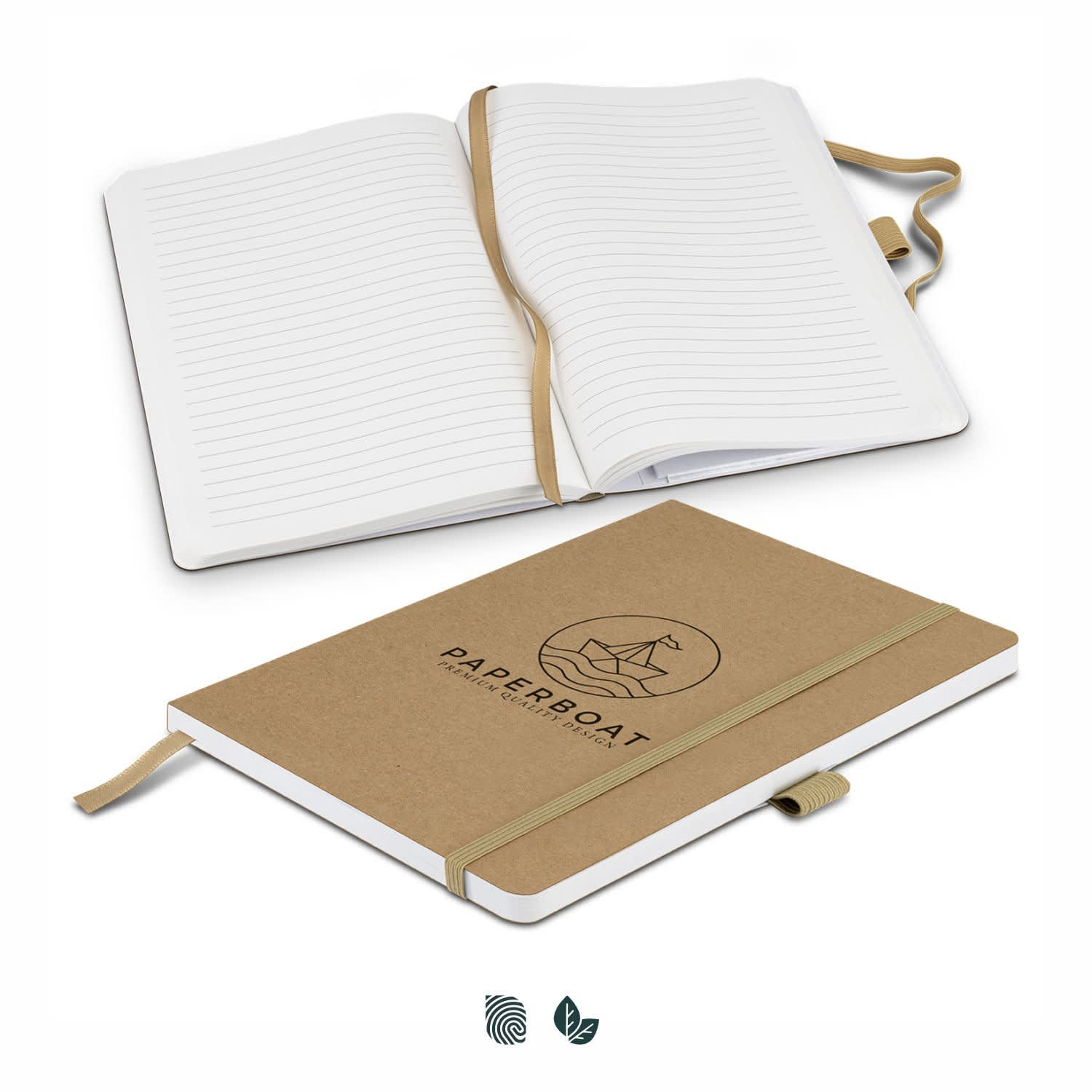 A beige notebook with a logo, featuring a brown elastic band, opened to reveal lined pages inside. Beaumont Stone Paper Notebook - Image 1
