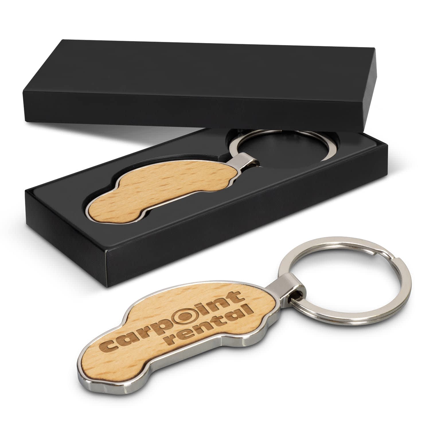 A car-shaped wooden key ring with a metal ring, presented in a sleek black box. Santo Car Shaped Key Ring - Image 1