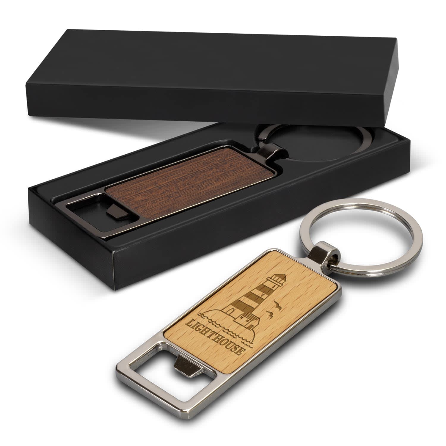 A drink bottle opener key ring featuring a wooden and metal design, presented in a black gift box. Santo Bottle Opener Key Ring - Image 1
