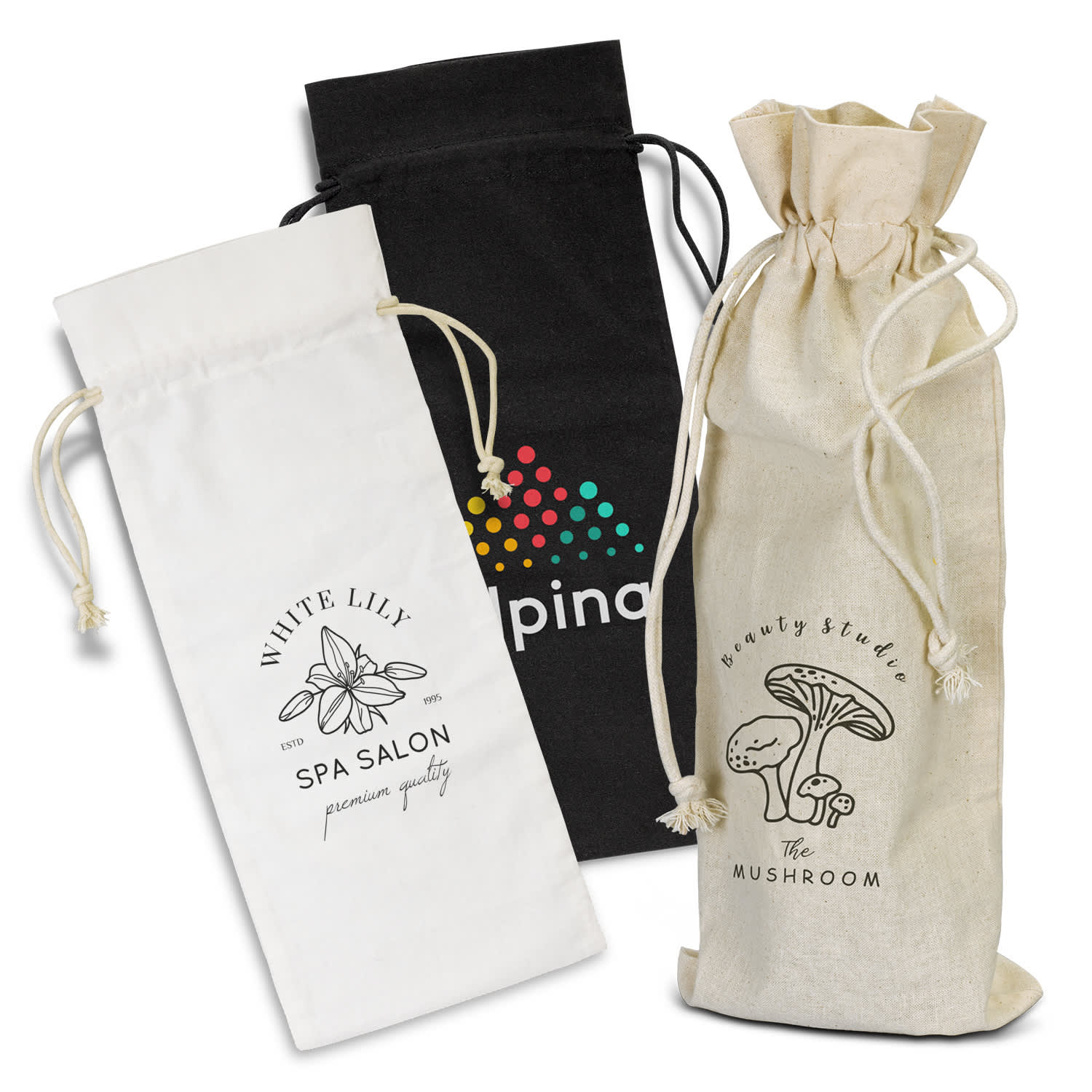 Three cotton drawstring bags in black, white, and natural, featuring different designs and logos. Cotton Wine Drawstring Bag - Image 1