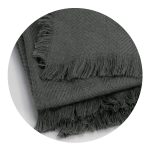 A grey throw blanket featuring a herringbone pattern and fringed edges, displayed in a circular format.