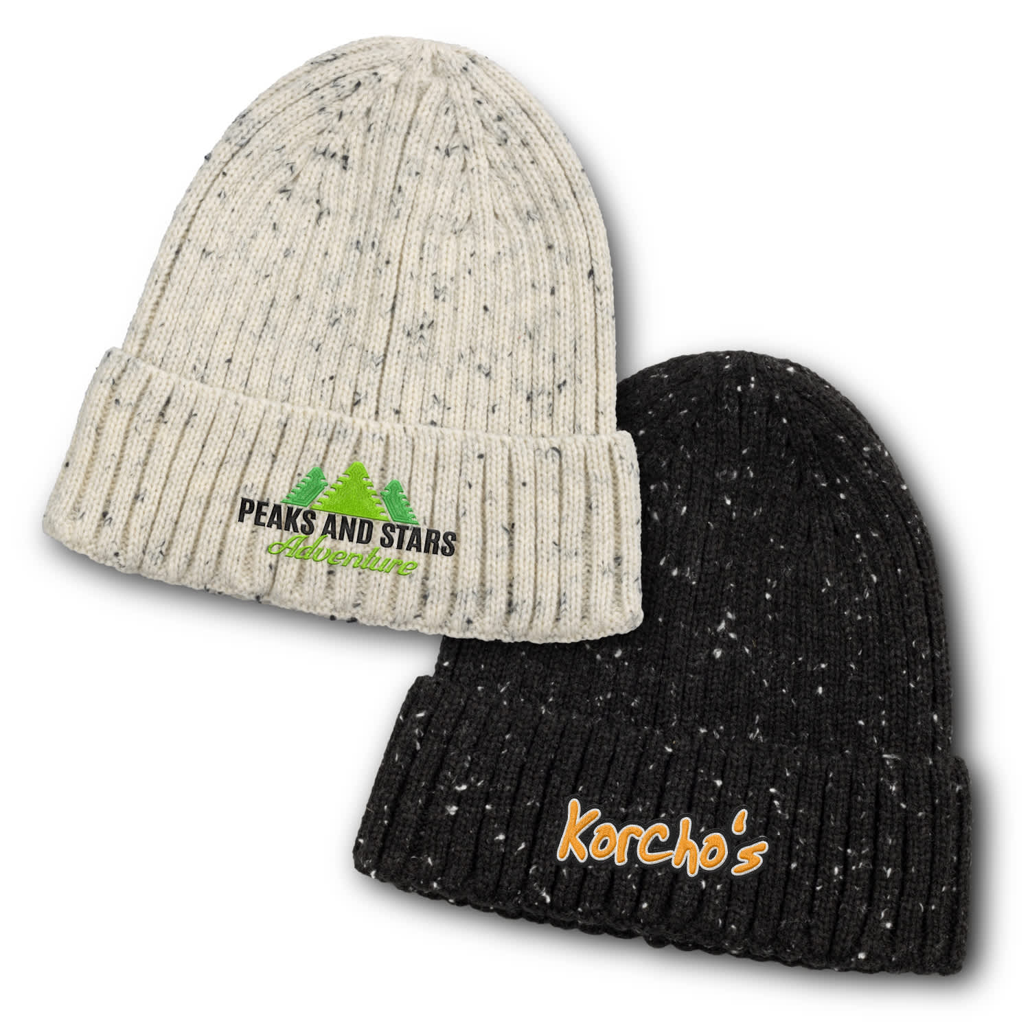 A snowflake beanie, featuring a cream and black colour scheme, with logos on the front of each hat. Snowflake Beanie - Image 1