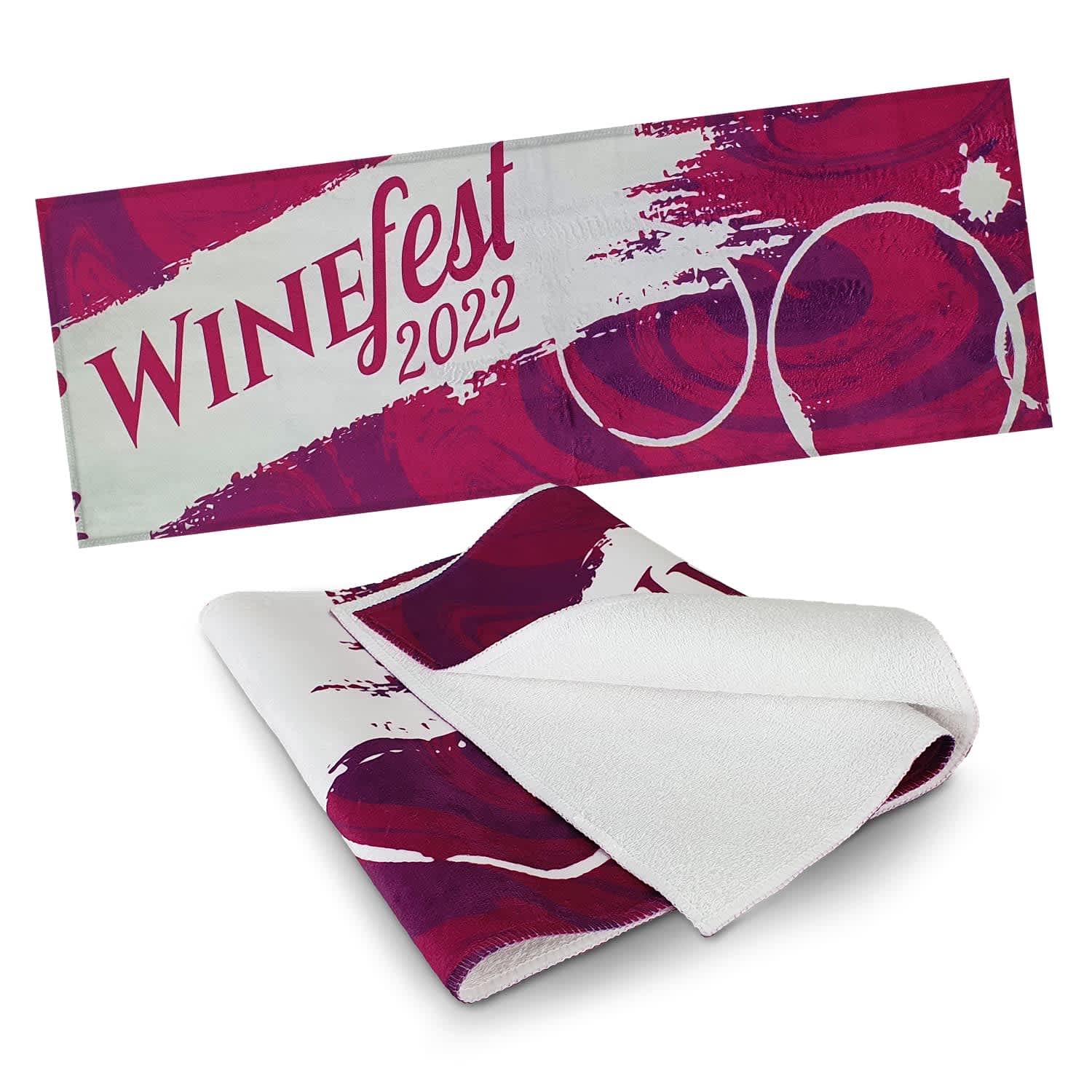A full-colour bar towel featuring a vibrant design in shades of purple and white, with a branding logo included. Barley Bar Towel - Full Colour - Image 1