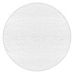 A round, full-colour beach towel in white with a textured surface, featuring a logo.