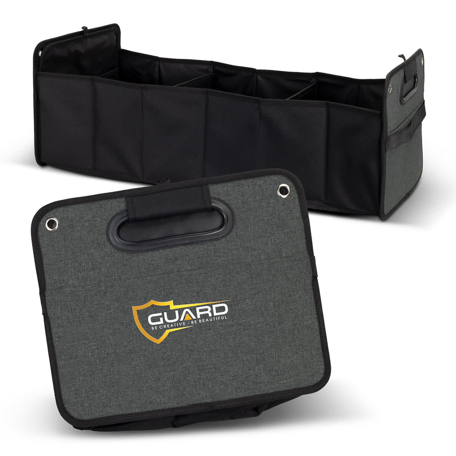 A grey trunk organiser with multiple compartments and a handle, featuring a logo on the side. Avera Trunk Organiser - Image 1