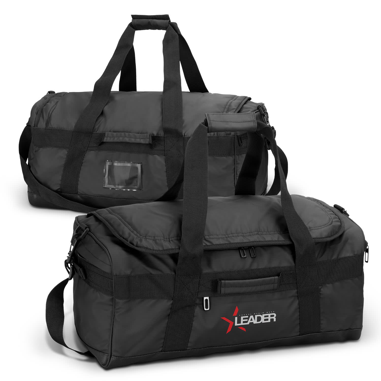 Aquinas 50L duffle bag in black with dual handles and a front pocket, featuring a logo on one side. Aquinas 50L Duffle Bag - Image 1