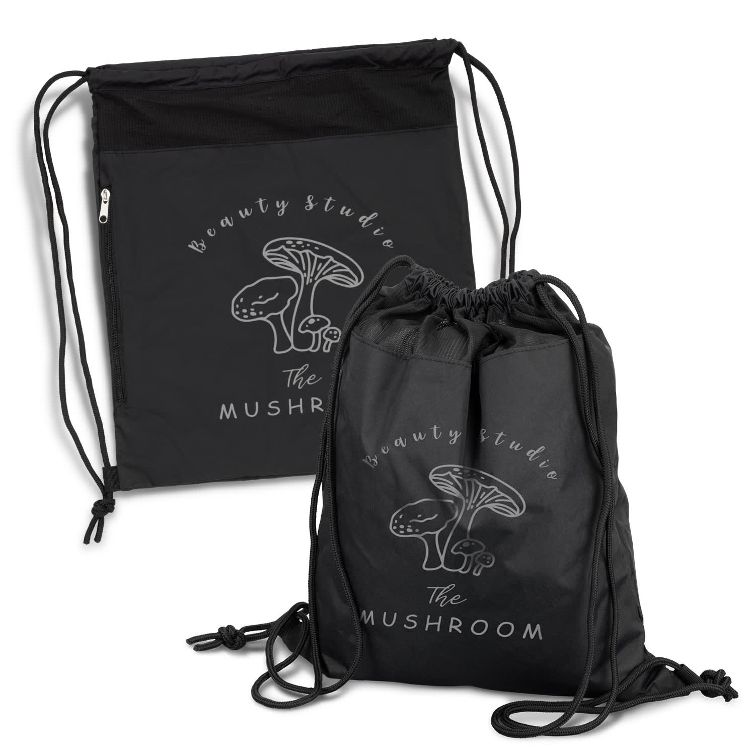 A black drawstring backpack featuring a mushroom design and a logo. It has a mesh pocket and adjustable straps. Streak Drawstring Backpack - Image 1