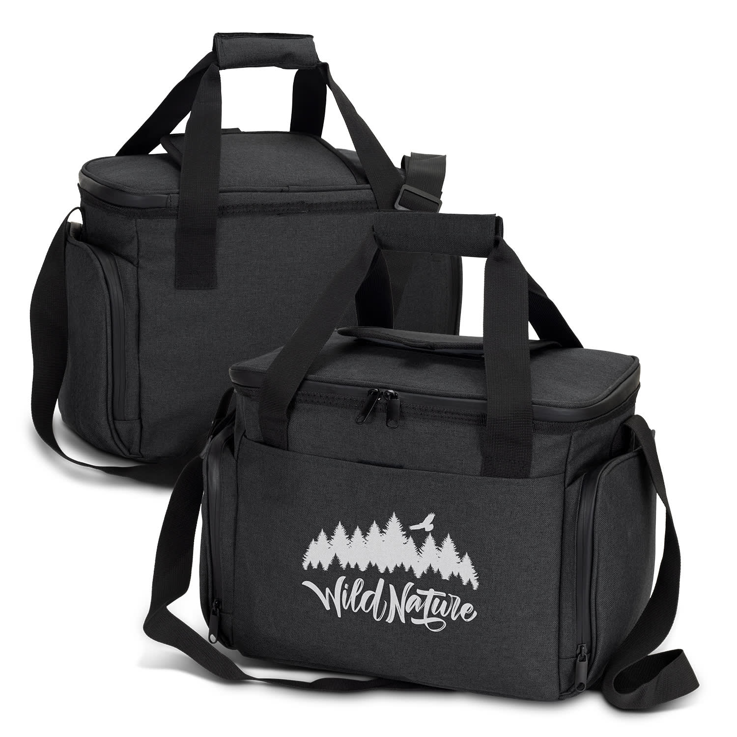 A black cooler bag with a shoulder strap and a front logo, featuring a zippered top and spacious interior. Ottawa Cooler Bag - Image 1