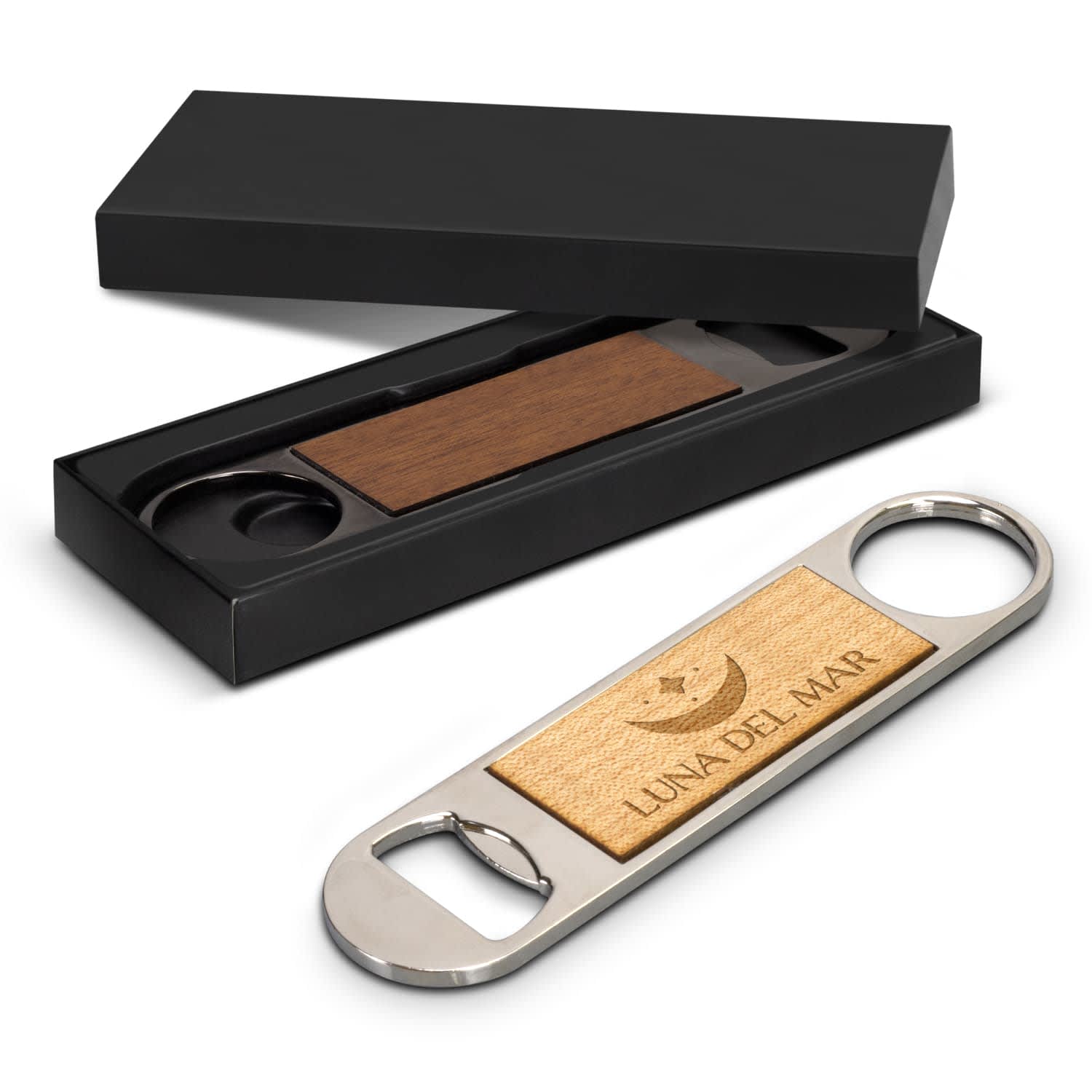 A drink bottle opener with a wooden top and metal body, presented in a black gift box. It has a brand logo. Bronx Magnet Bottle Opener - Image 1
