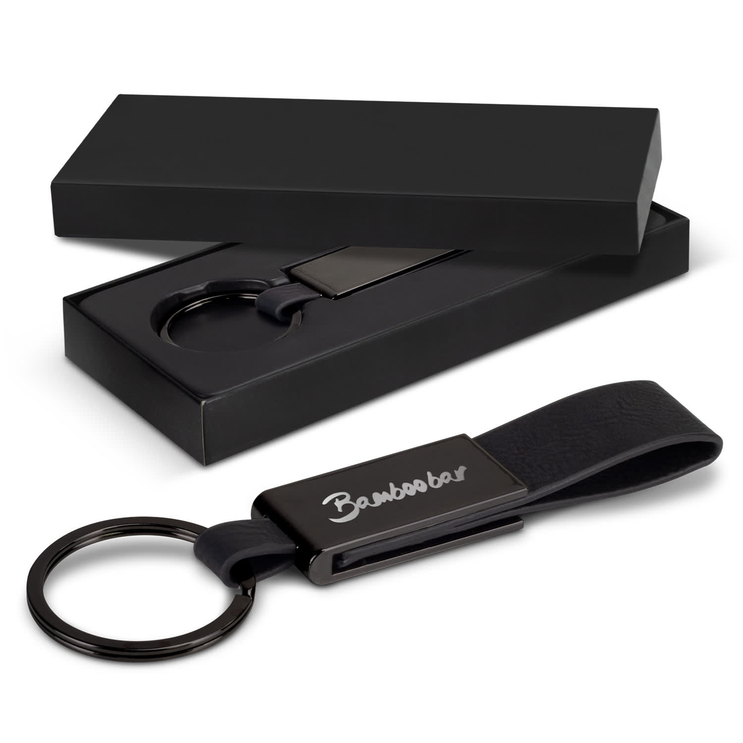 A black key ring with a leather strap and metal clip, displayed in a sleek black box. Stanton Key Ring - Image 1