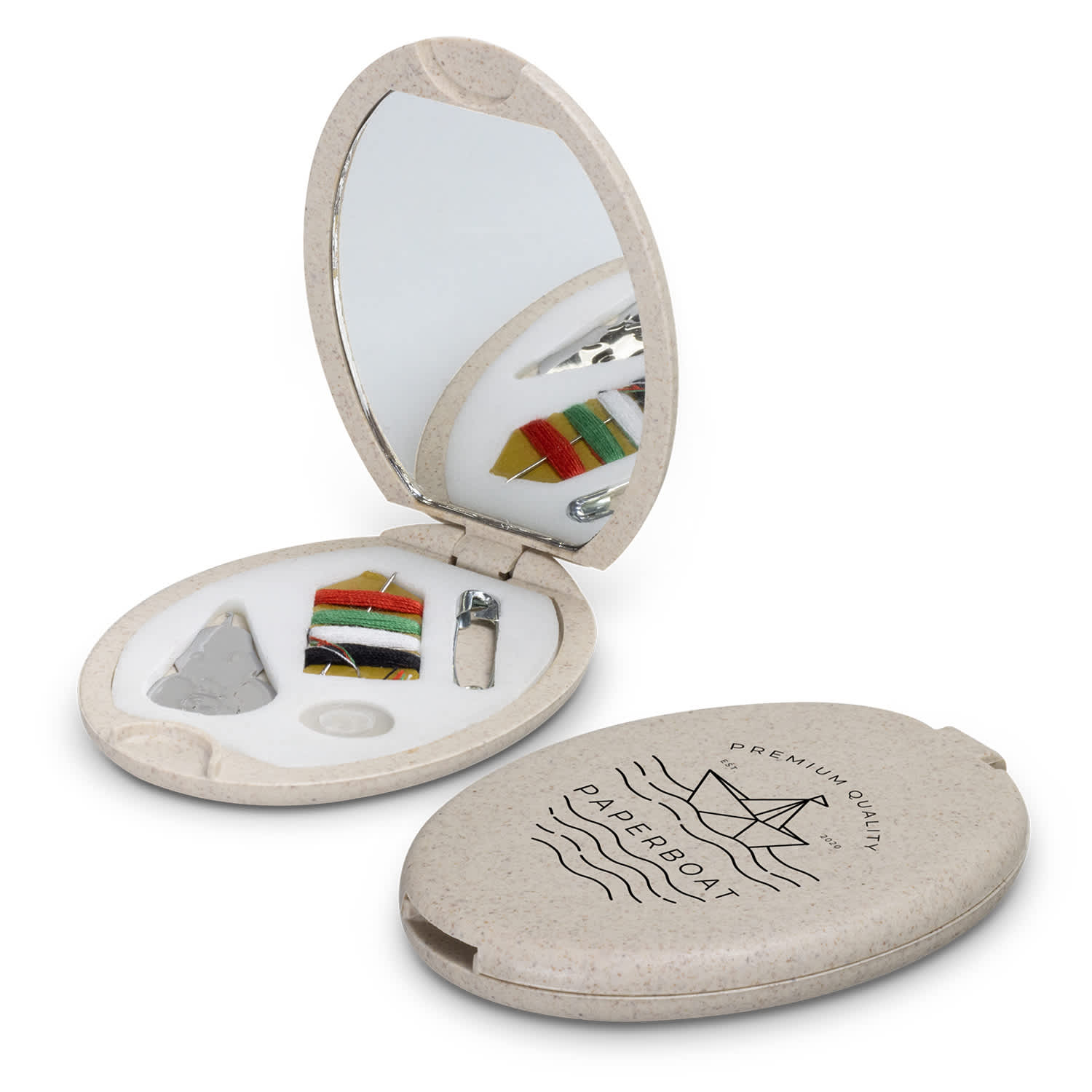 A compact sewing kit featuring a mirror, needles, thread, and assorted sewing accessories in a grey case. Compact Sewing Kit - Image 1