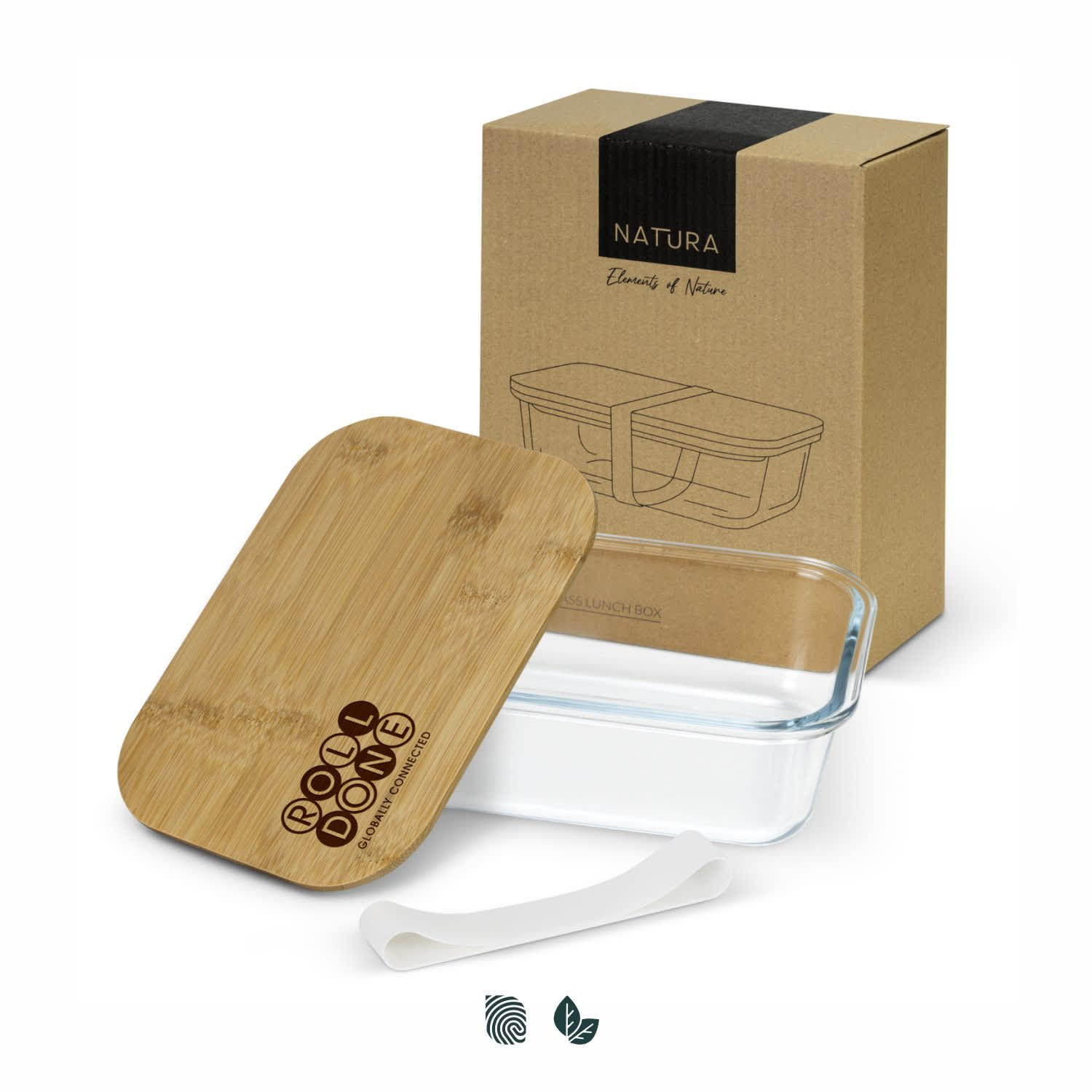 A glass lunch box with a bamboo lid and a white silicone band, presented in a cardboard box. NATURA Iris Glass Lunch Box - Image 1