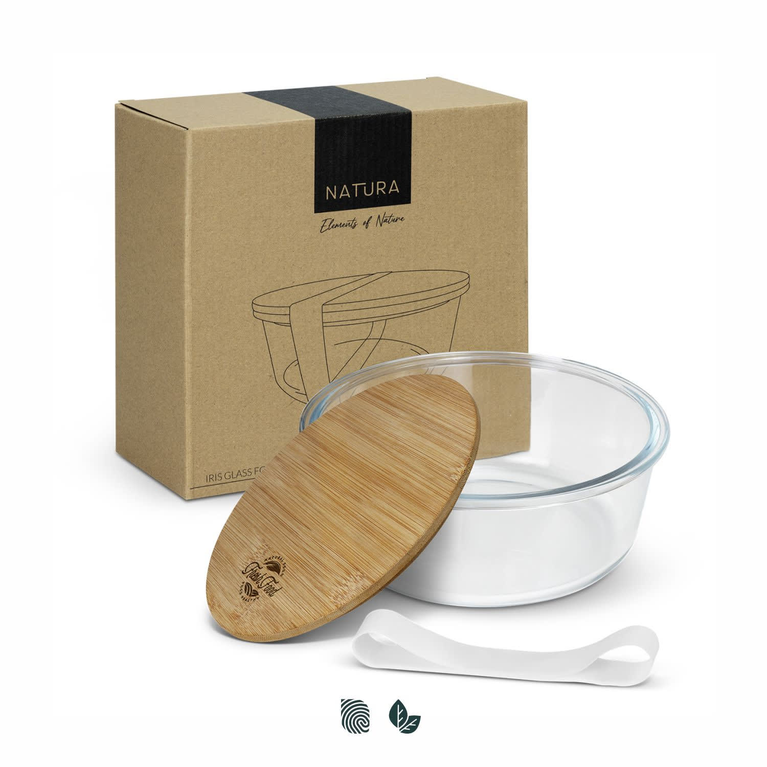 A glass food container with a bamboo lid, featuring a white base and a silicone strap, packaged in a brown box. NATURA Iris Glass Food Container - Image 1