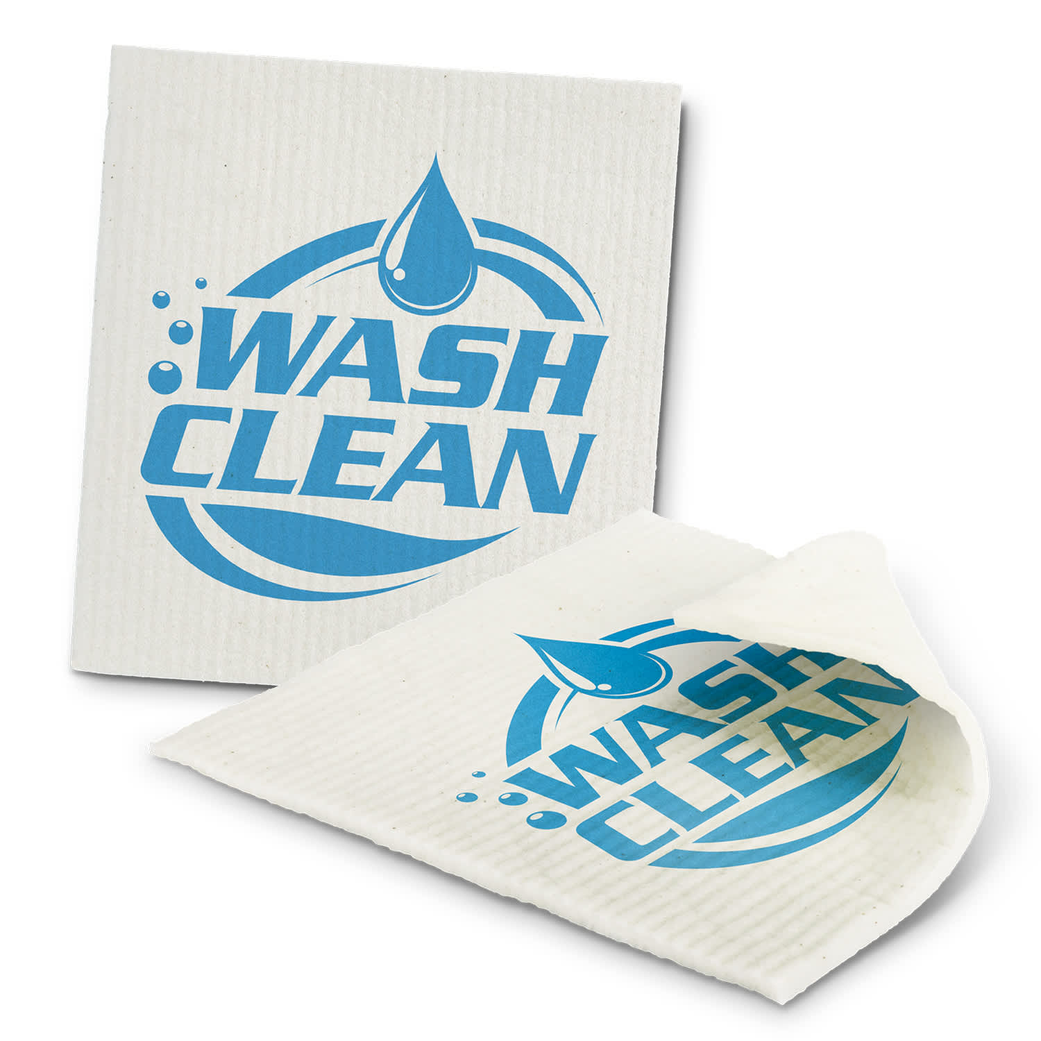 A dish cloth in white with a blue design, featuring a logo and the words "WASH CLEAN." A dish cloth in white with a blue design, featuring a logo and the words "WASH CLEAN."