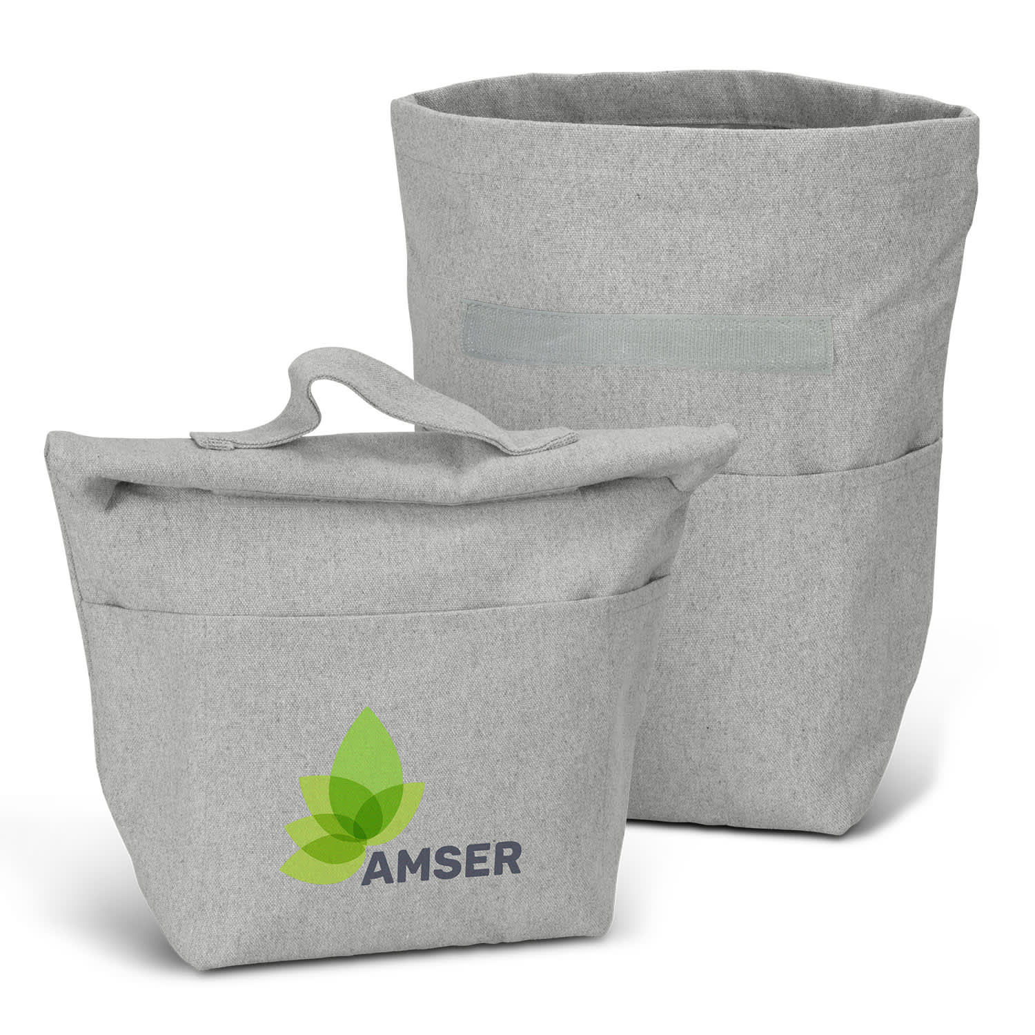 A grey cooler bag set featuring two bags with a logo on the smaller bag and a handle on top. Naples Lunch Bag - Image 1