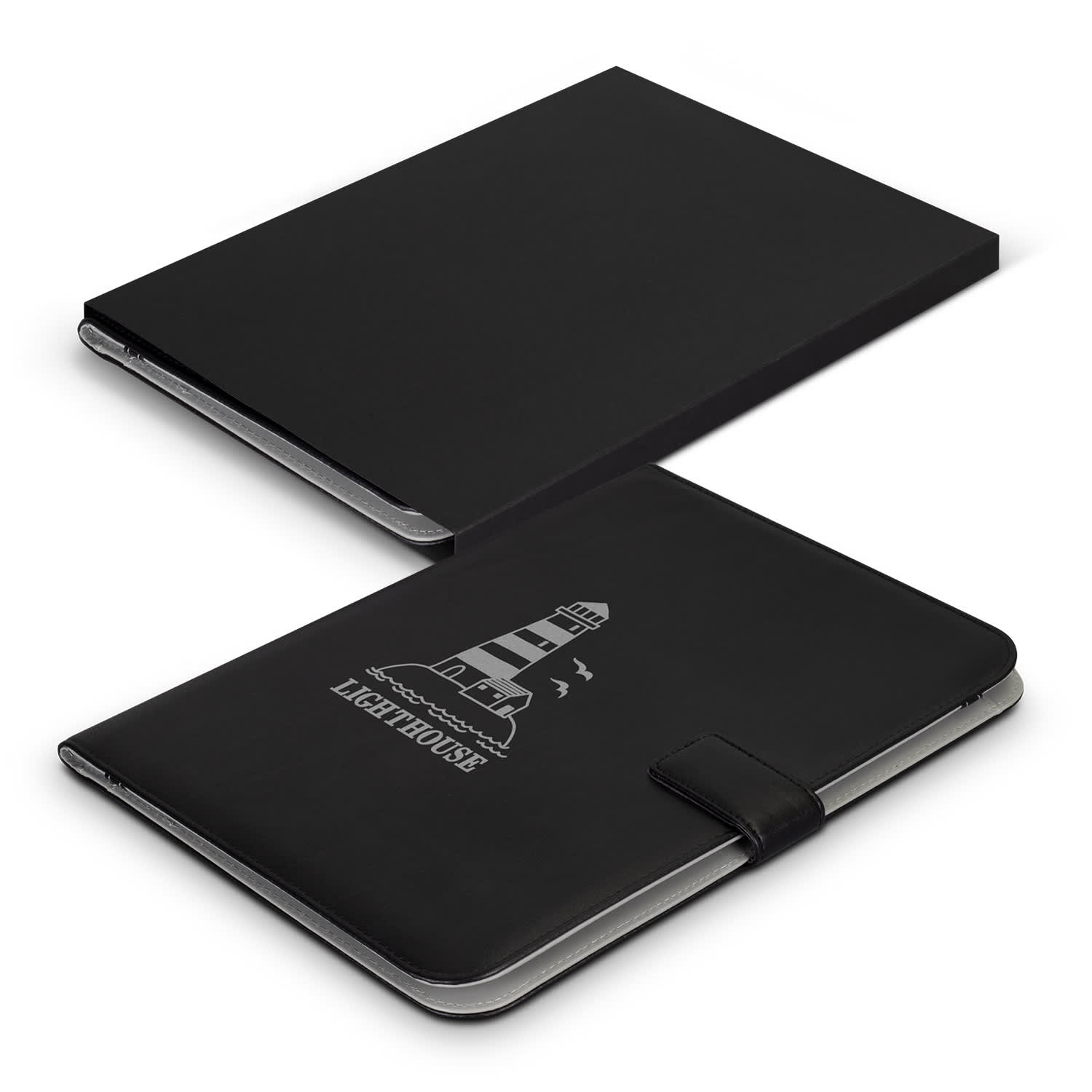 A black portfolio with a lighthouse design, featuring a secure strap closure and a sleek finish. Hartford Portfolio - Image 1