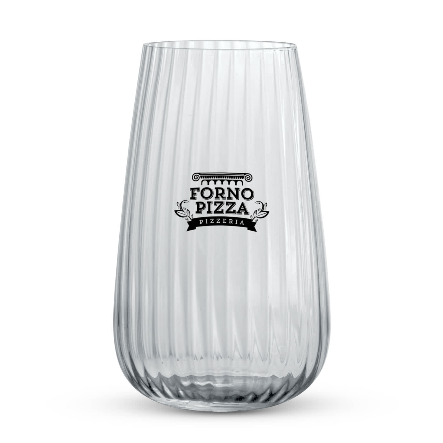 A transparent, ribbed glass tumbler with a logo design featuring black text. Luigi Bormioli Optica HiBall - Image 1