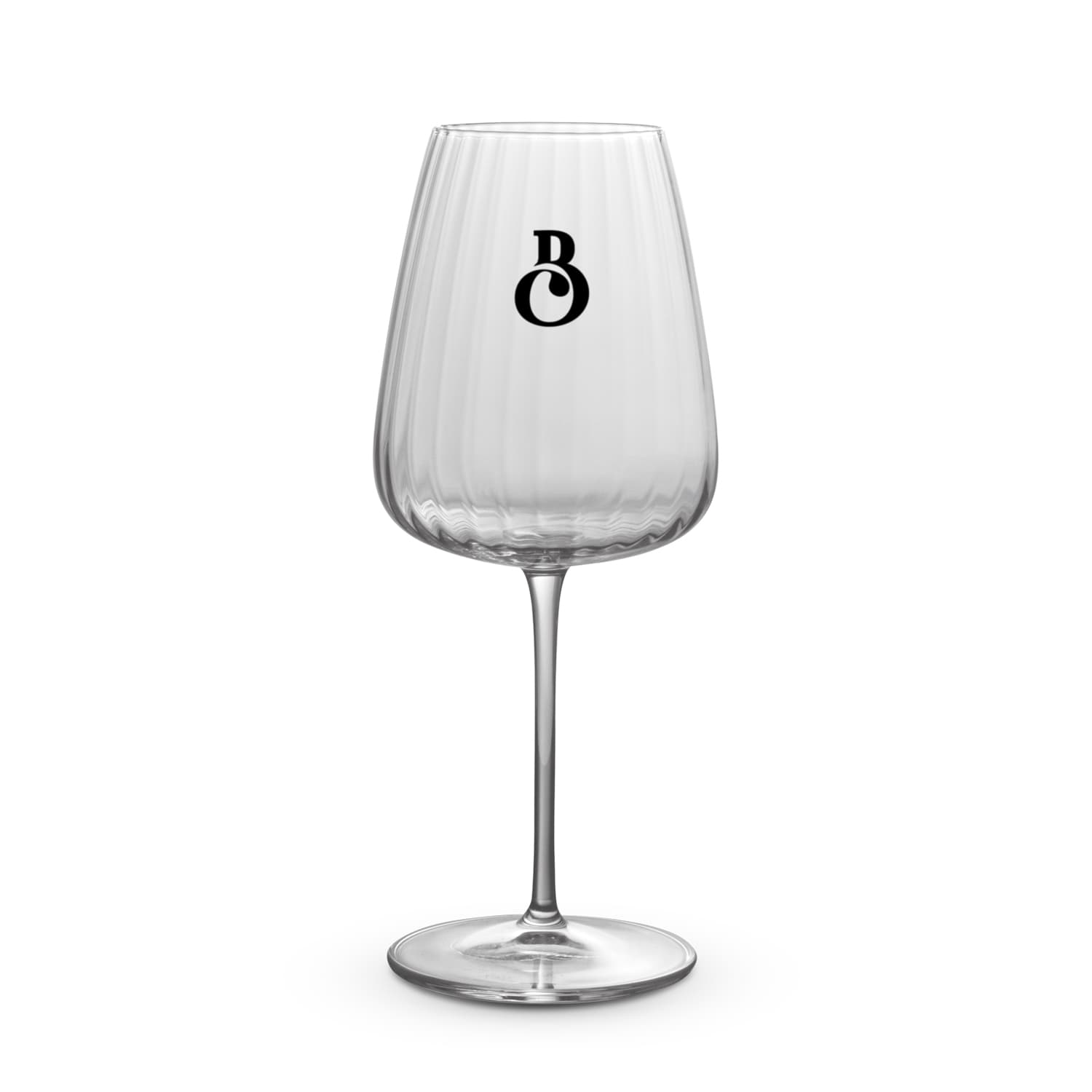 A clear, ribbed Chardonnay glass with a tall stem, featuring a subtle logo. Luigi Bormioli Optica Chardonnay Glass - Image 1