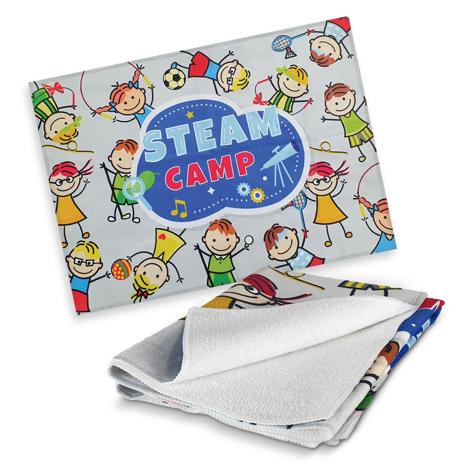 A full-colour tea towel featuring playful children's illustrations on a light background, with a logo present. Amba Tea Towel - Full Colour - Image 1