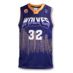 A custom men's basketball top in navy blue featuring orange accents and a city skyline design. It has a logo.