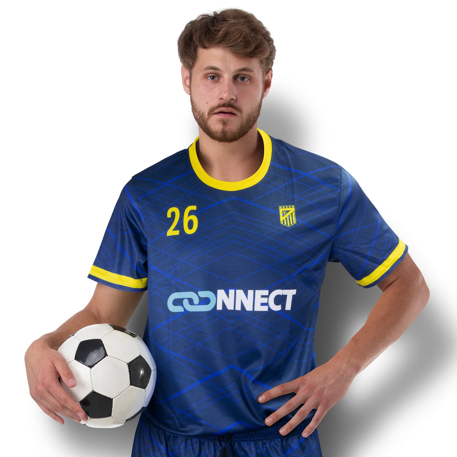 A blue men's soccer jersey with yellow accents and a logo, held by a man with a soccer ball. Custom Mens Soccer Top - Image 1