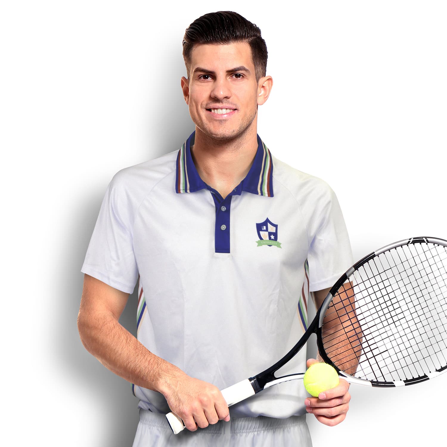 A man wearing a light grey tennis top with coloured stripes, holding a tennis racquet and a ball. The top has a logo. Custom Mens Tennis Top - Image 1