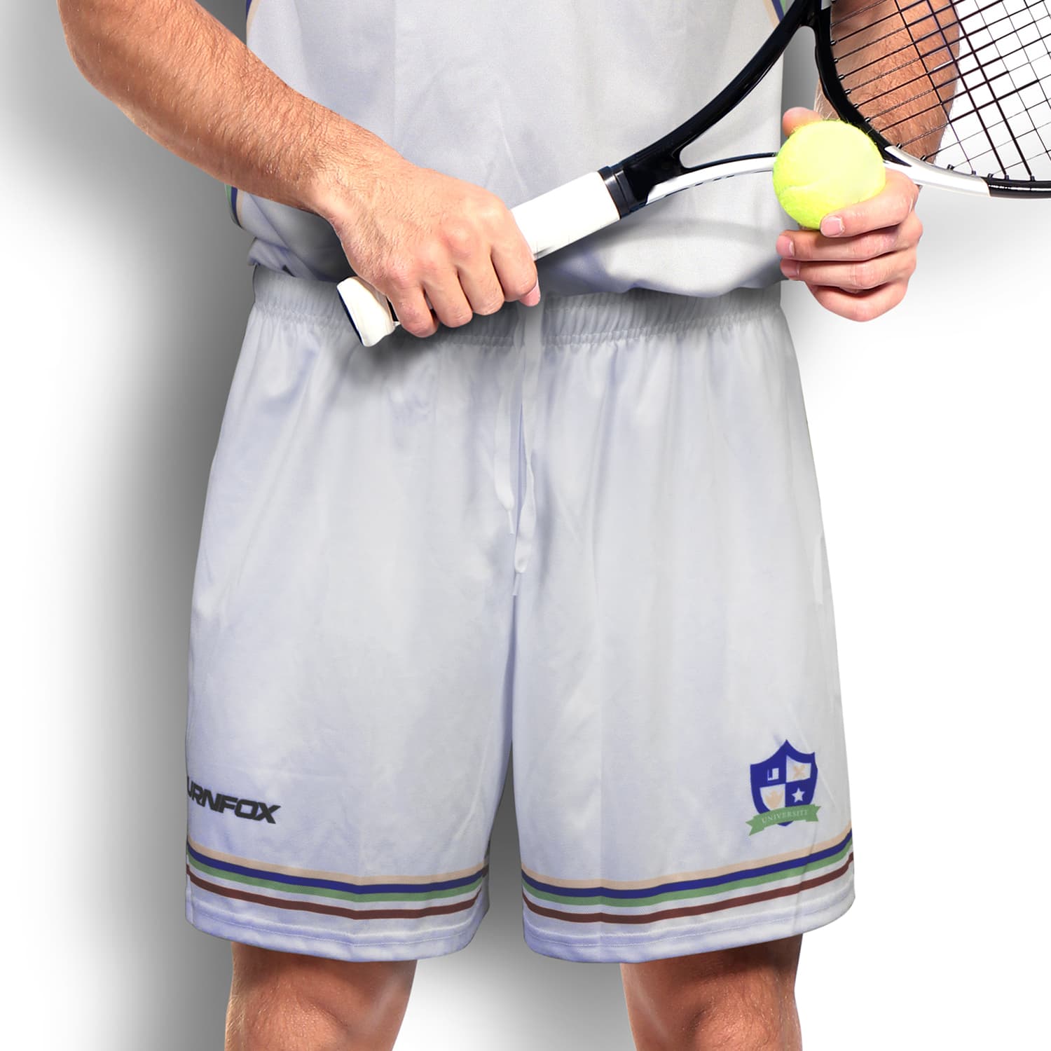 Custom men's tennis shorts in light grey featuring a logo and a striped waistband. Custom Mens Tennis Shorts - Image 1