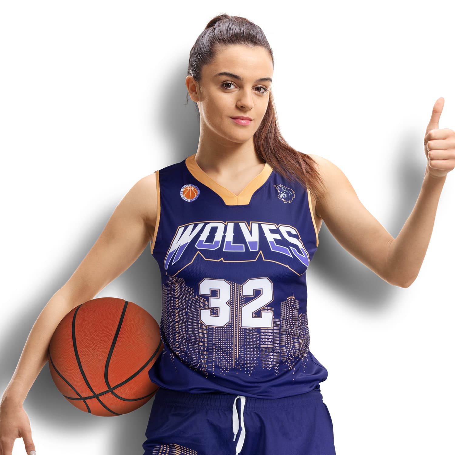 A woman in a navy blue basketball jersey with a cityscape design, holding a basketball and giving a thumbs up. Custom Womens Basketball Top - Image 1
