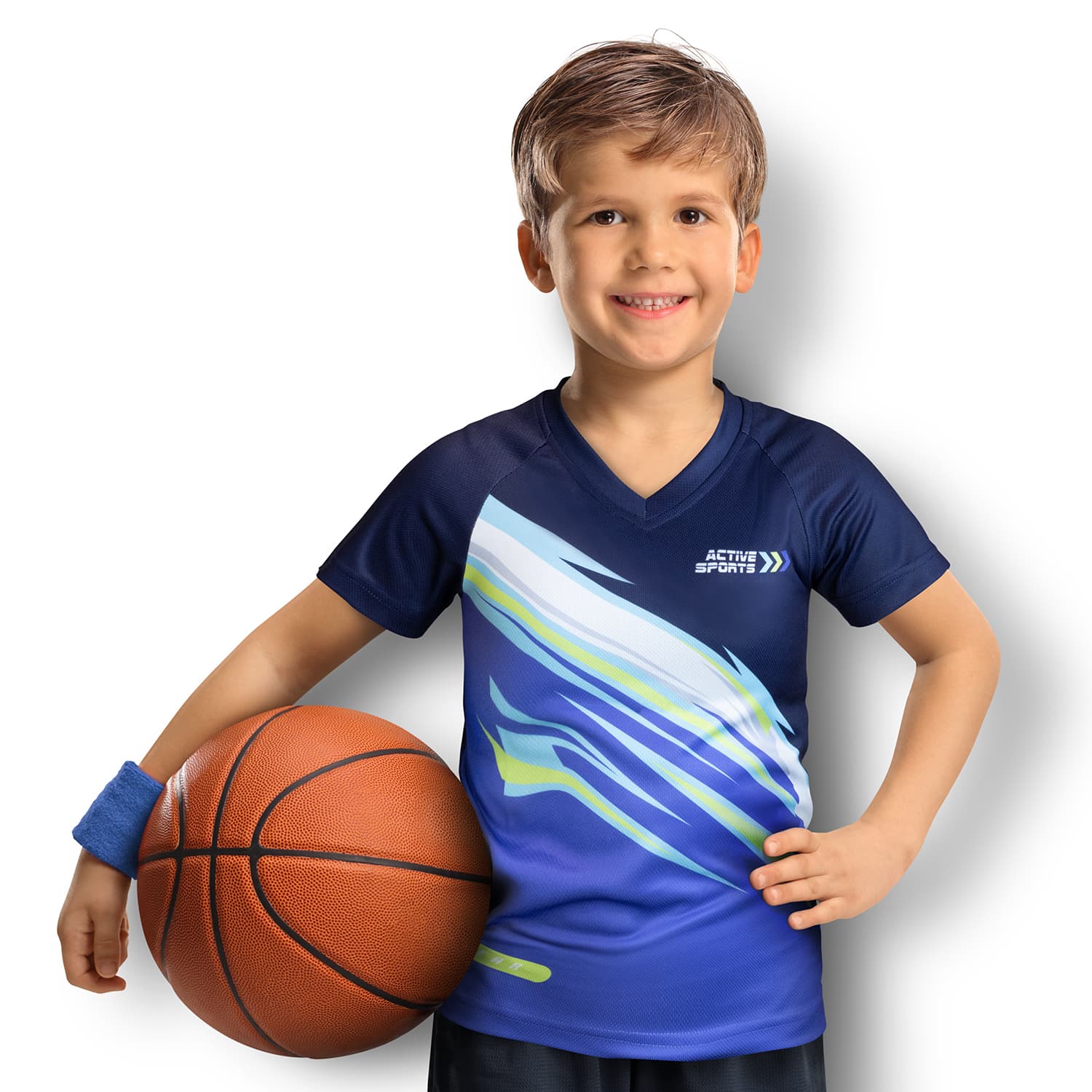 A blue kids' performance T-shirt with a dynamic pattern, worn by a boy holding a basketball, featuring a logo. Custom Kids Performance T-Shirt - Image 1