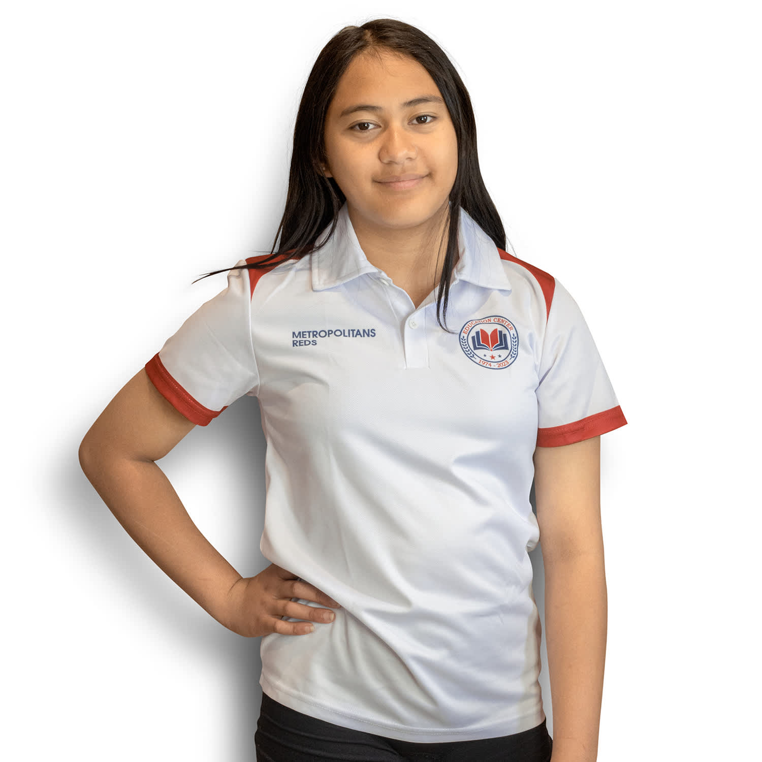 A white sports polo with red sleeves, featuring a logo on the chest, designed for kids' sports uniforms. Custom Kids Sports Polo - Image 1