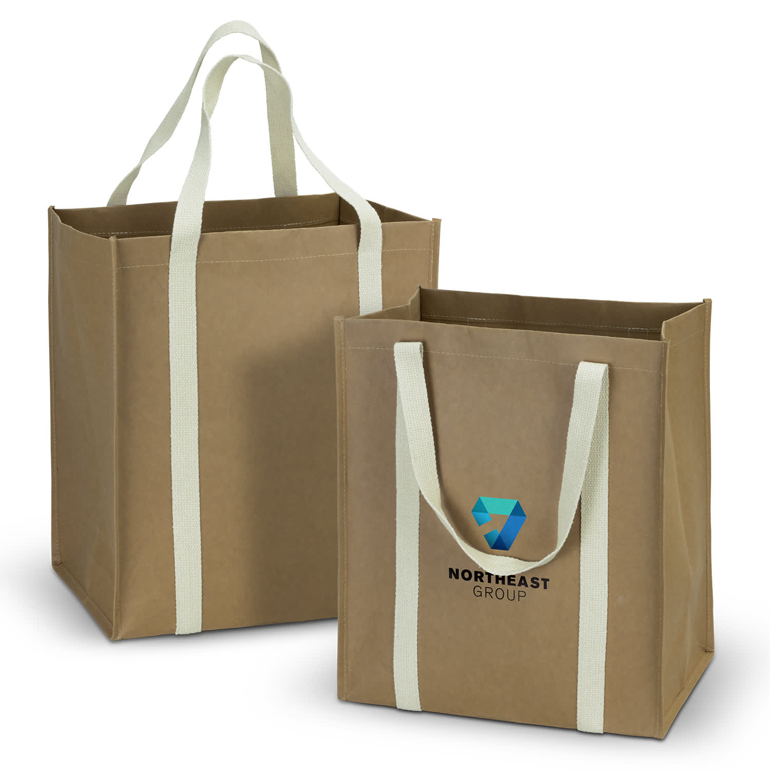 Two kraft tote bags in brown with light green handles, featuring a logo on the front of one bag. Kraft Tote Bag - Image 1