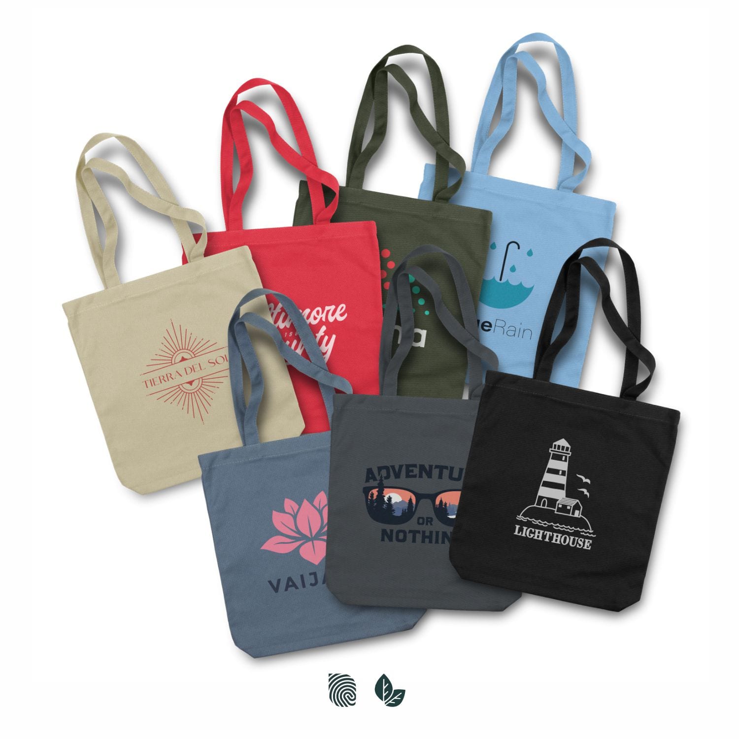 A collection of canvas tote bags in various colours including beige, blue, green, and black, featuring different designs and a logo. California Canvas Tote Bag - Image 1