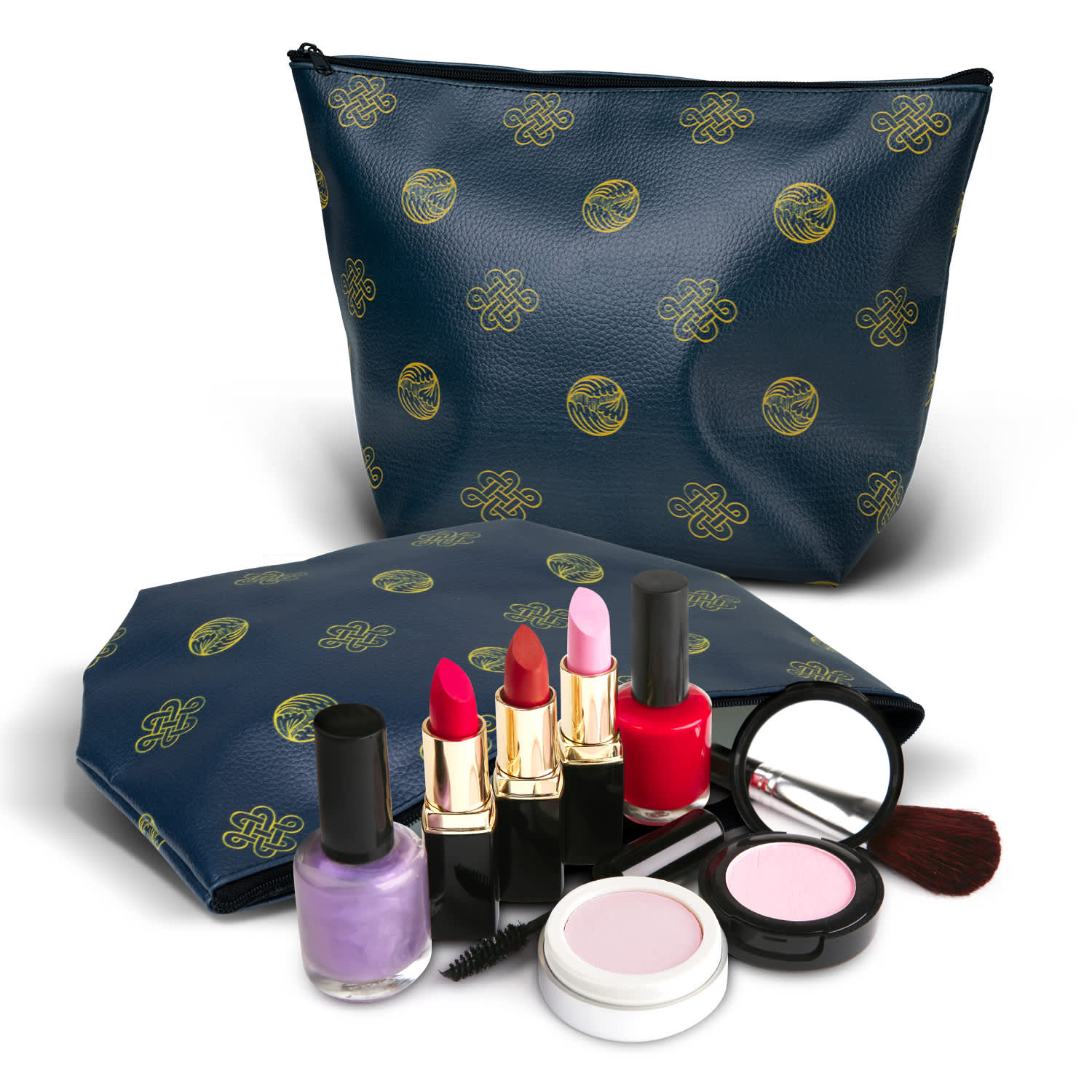 A medium navy cosmetic bag with a logo pattern, accompanied by various lipsticks, nail polishes, and cosmetic brushes. Belle Cosmetic Bag - Medium - Image 1