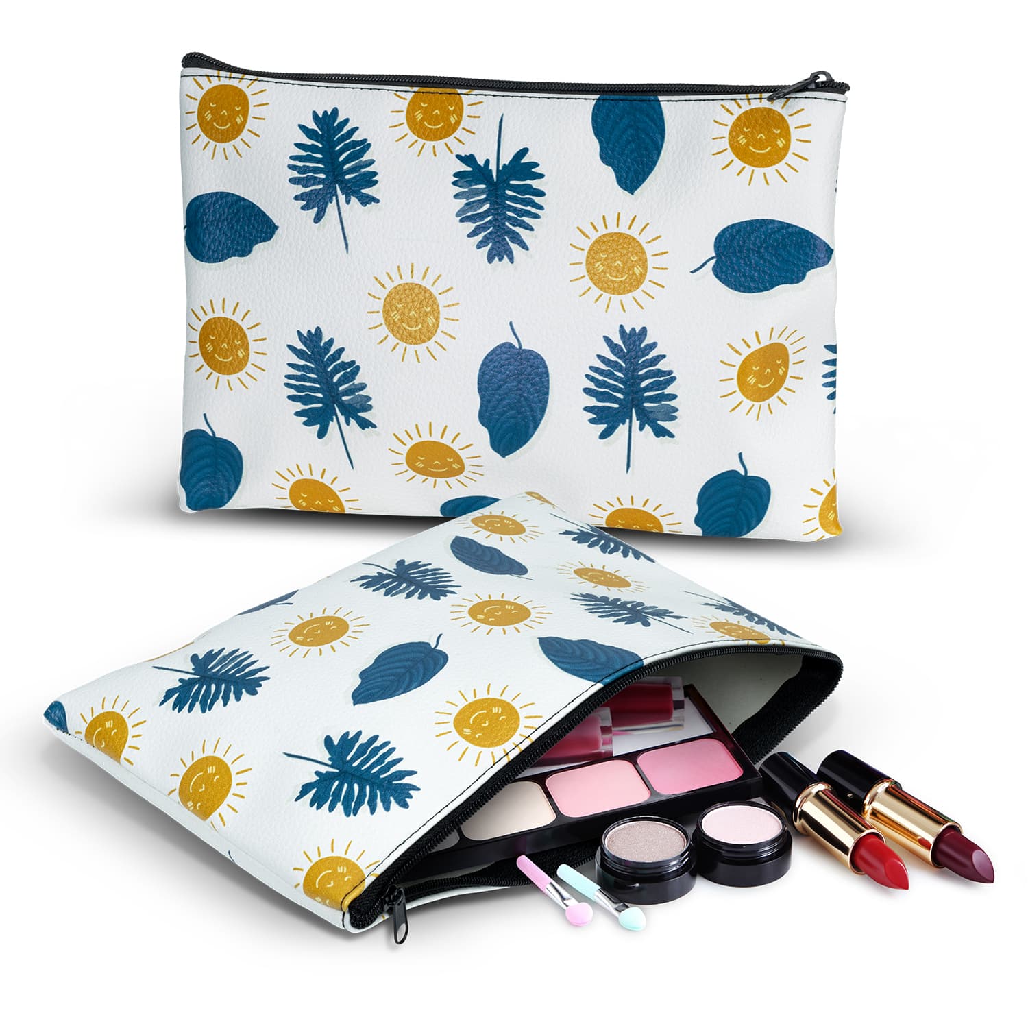 A medium cosmetic bag with a floral and sun pattern, featuring assorted makeup items like lipsticks and compacts. Flora Cosmetic Bag - Medium - Image 1