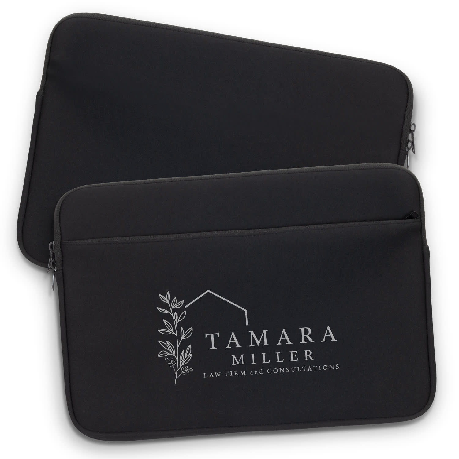 A black laptop sleeve featuring a logo on the front, with a smooth zip closure and a sleek design. Spencer Device Sleeve - Large - Image 1