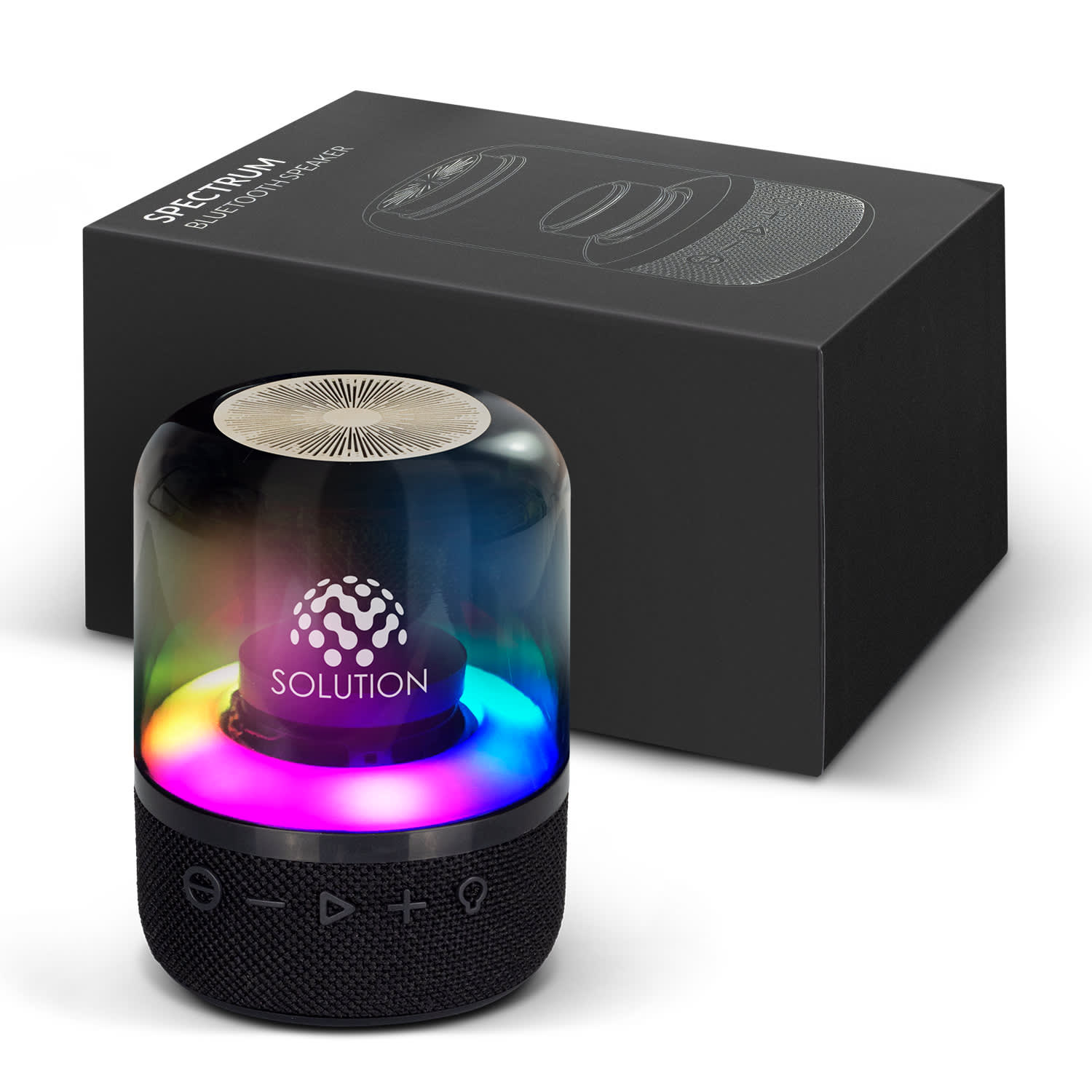 A Bluetooth speaker with a black base and a multicoloured LED light dome, alongside its black packaging. Spectrum Bluetooth Speaker - Image 1