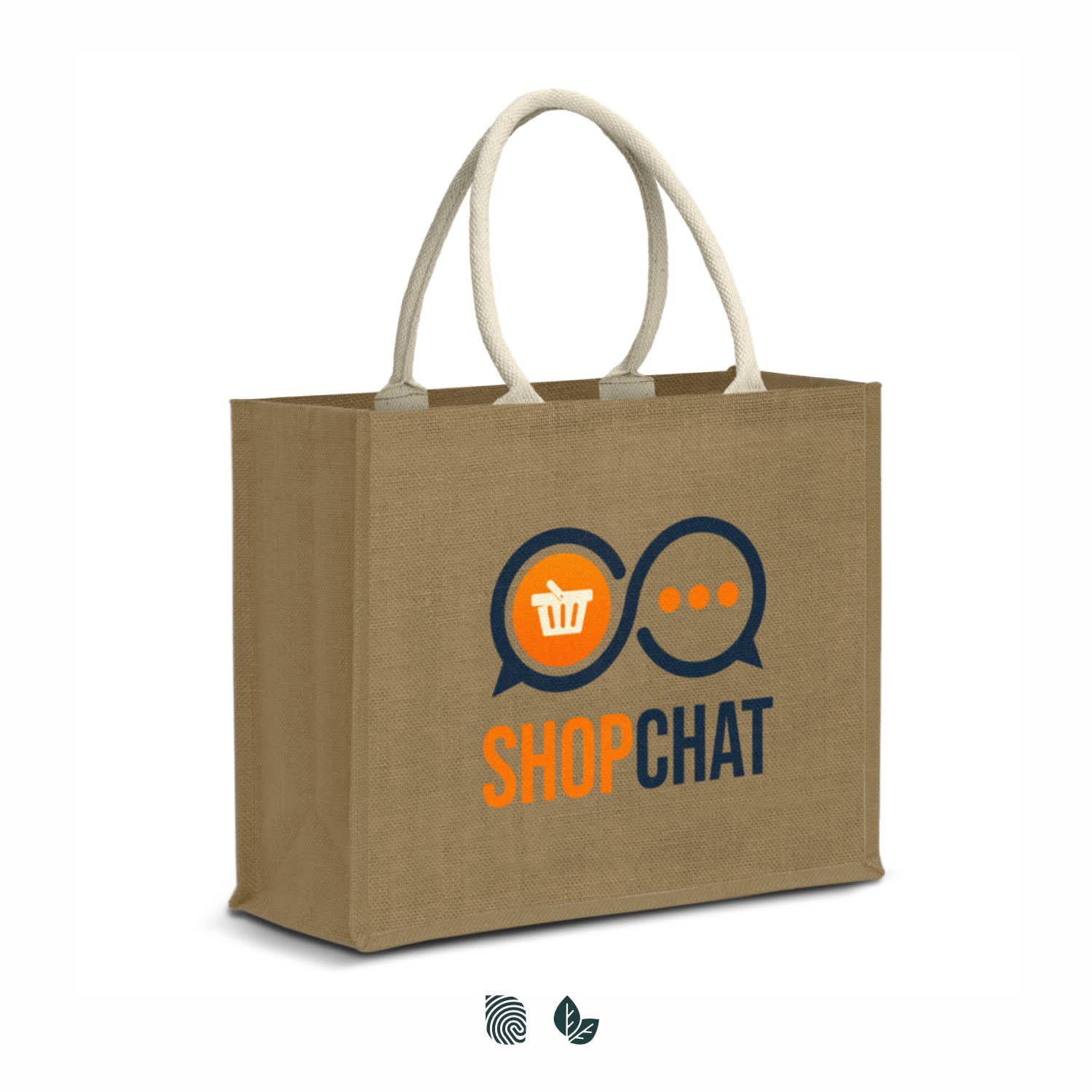 A jute tote bag in tan with two handles and a logo featuring speech bubbles. Modena Starch Jute Tote Bag - Image 1