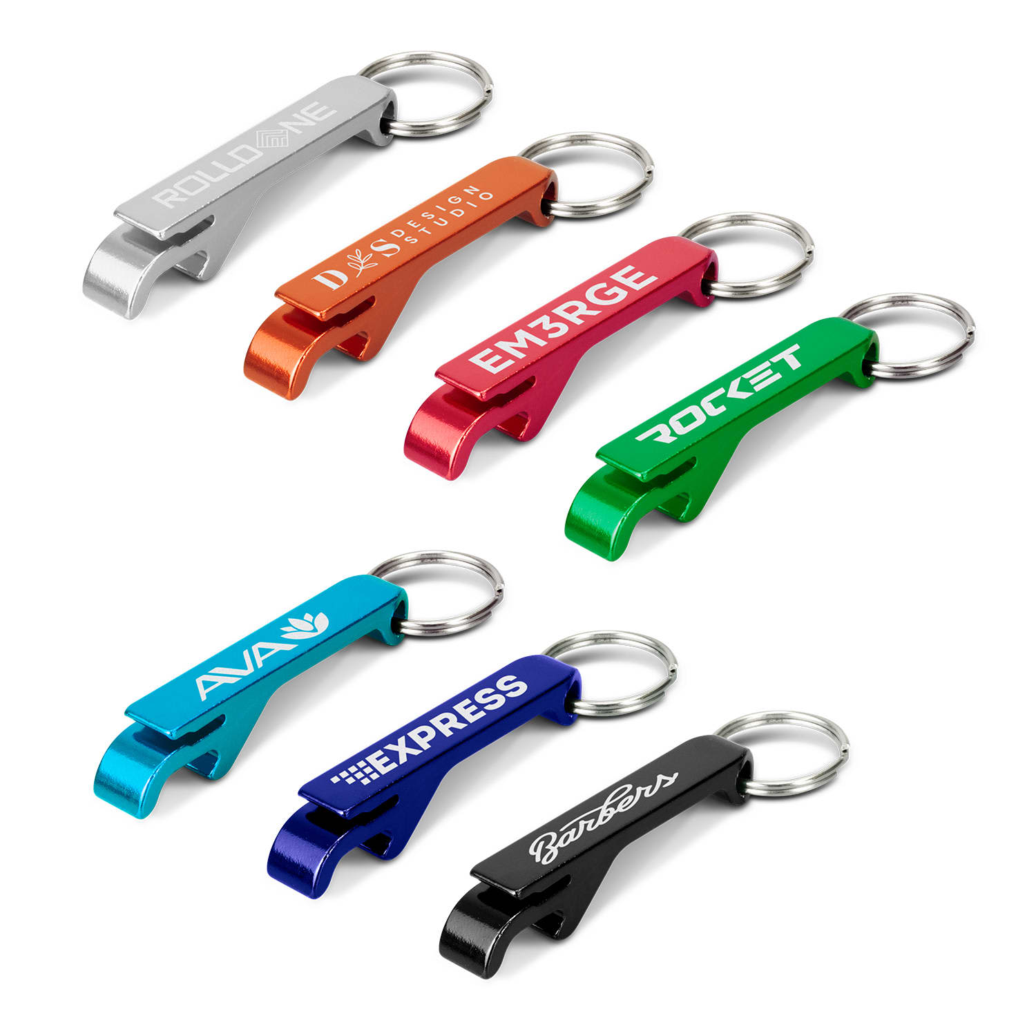 A drink bottle opener key ring collection in various colours: silver, orange, red, green, blue, and black, featuring multiple designs. Snappy Metal Bottle Opener Key Ring - Image 1