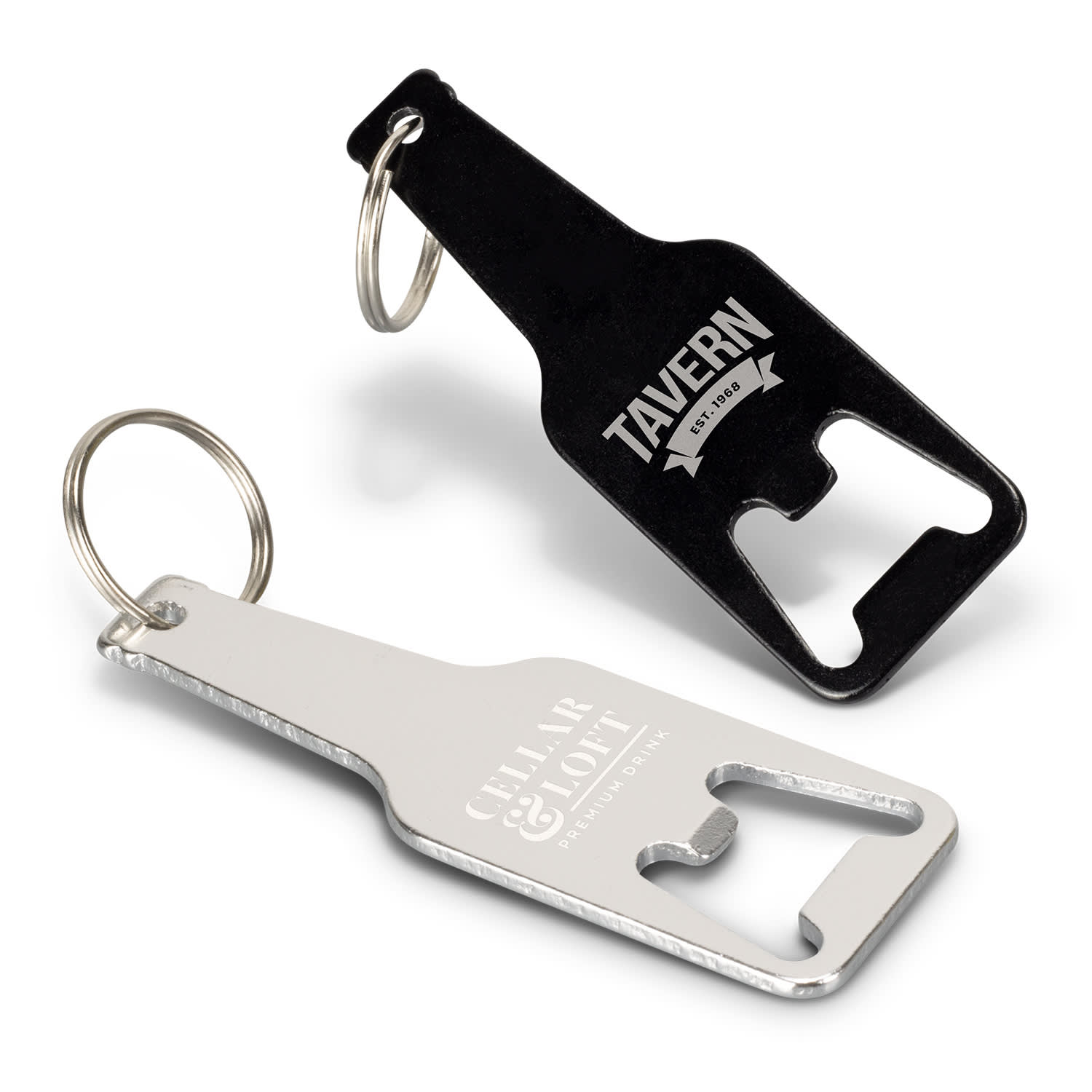 A drink bottle opener key ring set featuring a black opener with a logo and a silver opener with inscriptions. Beverage Bottle Opener Key Ring - Image 1
