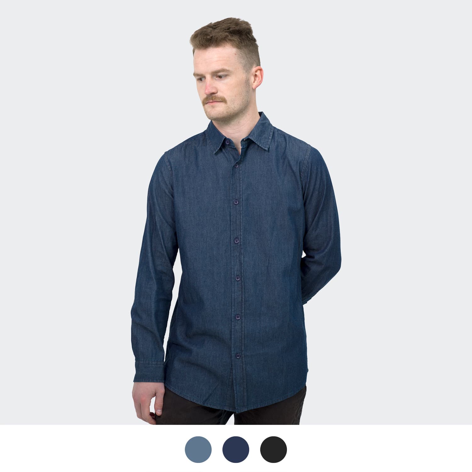 A men's denim button-up shirt in a deep blue shade, featuring long sleeves and a logo. TRENDSWEAR Chester Men's Denim Shirt - Image 1