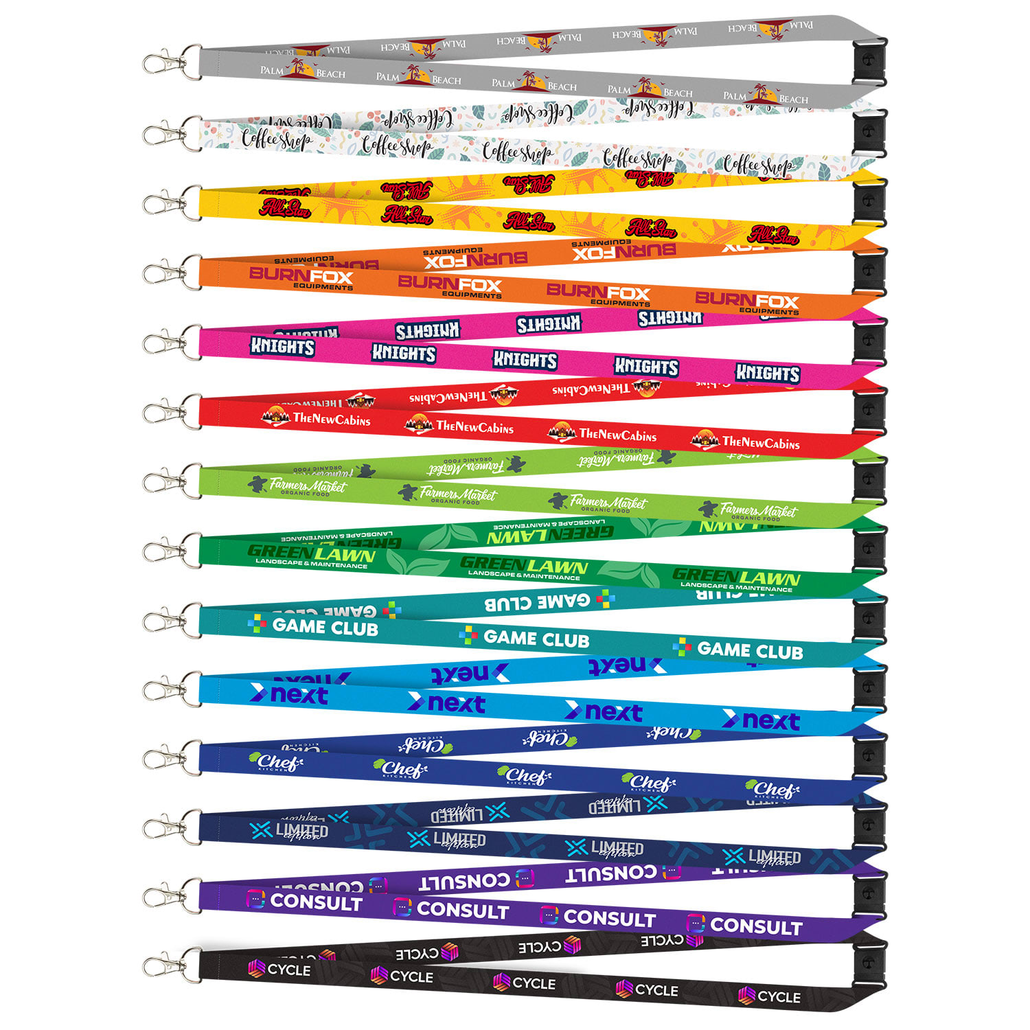 A collection of Colour Max lanyards in various colours, featuring different logos and designs along their lengths. Colour Max Lanyard 16mm - Image 1