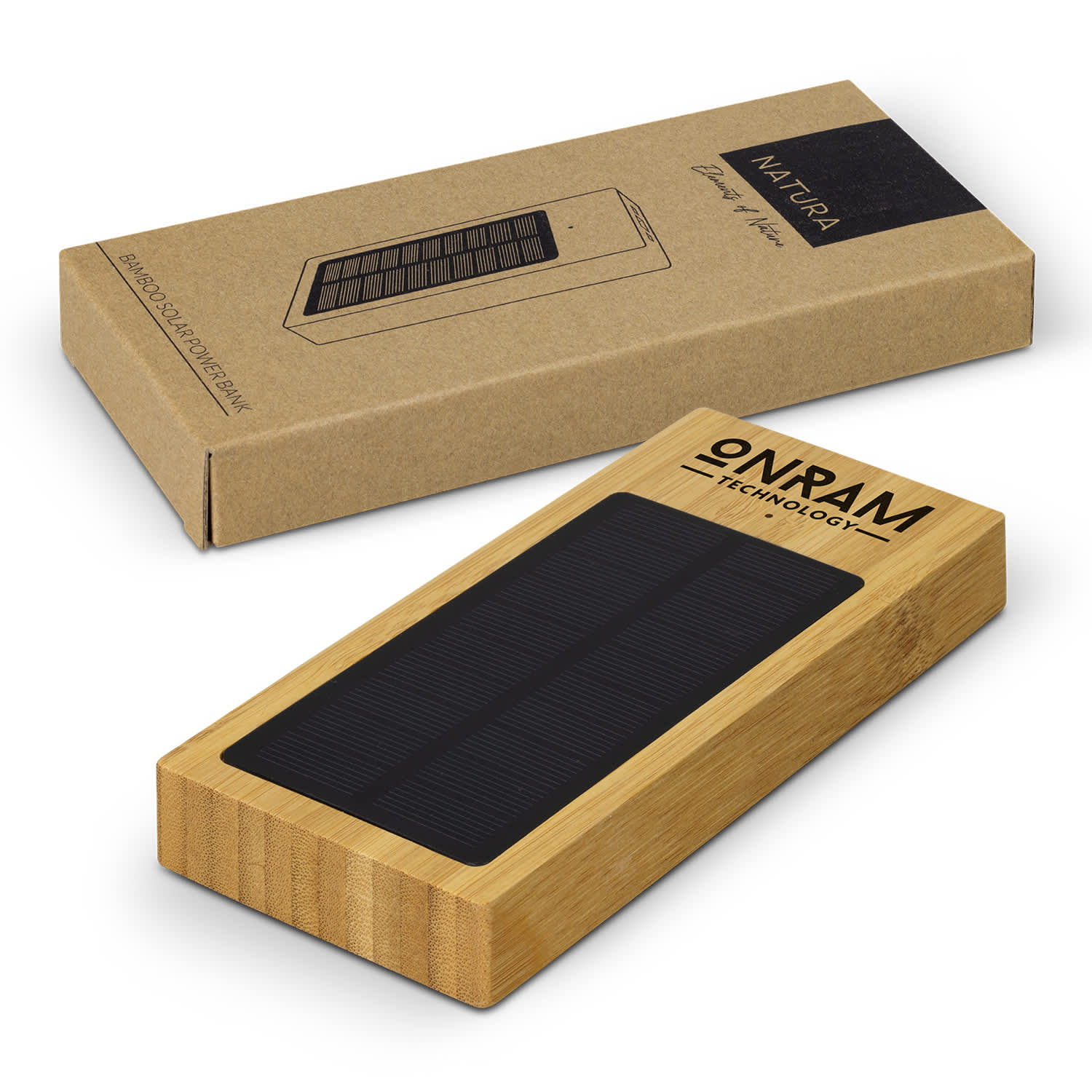 A bamboo solar power bank in earthy tones, presented in a cardboard box featuring a logo. NATURA Bamboo Solar Power Bank - Image 1