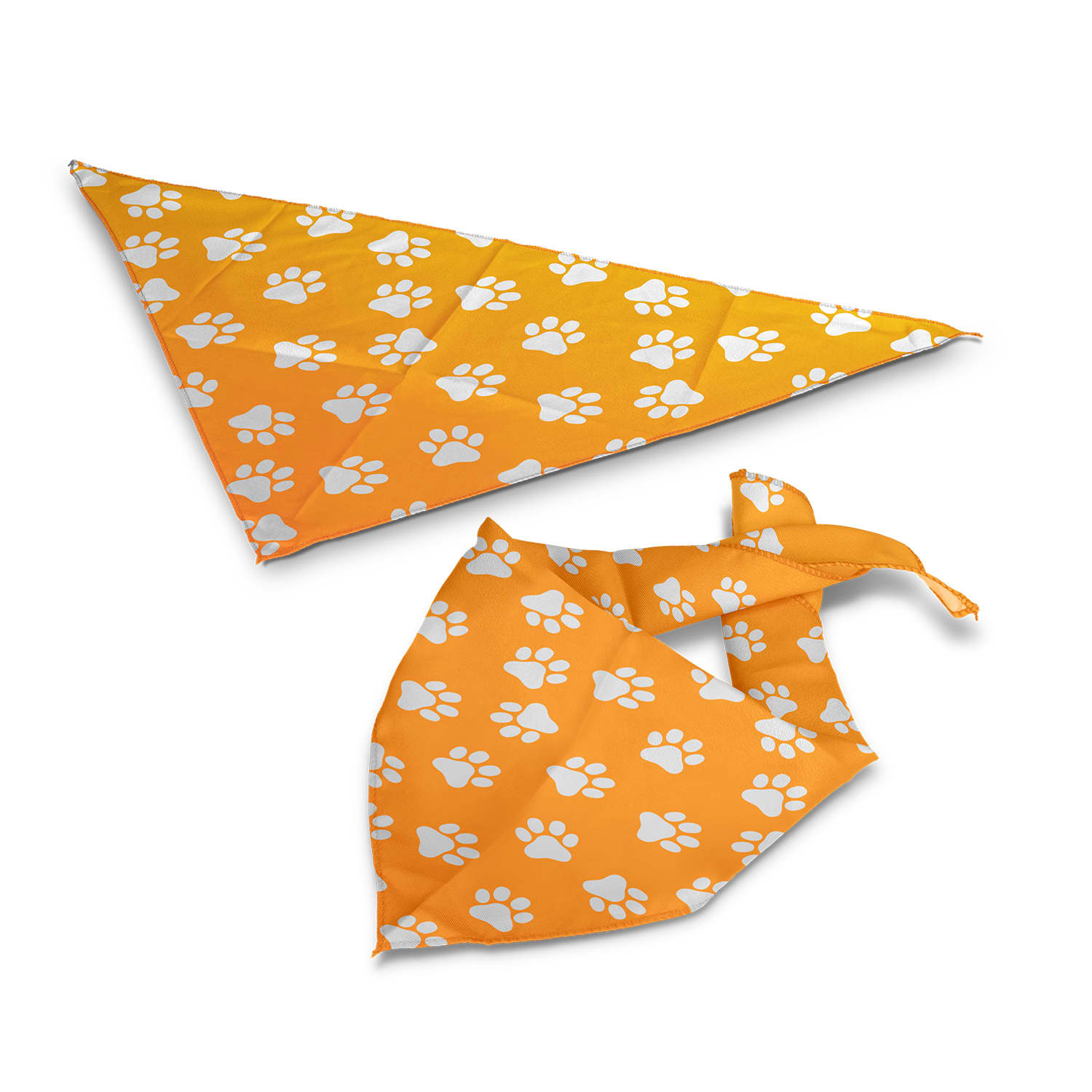 An orange pet bandana decorated with white paw prints, designed in a triangular shape. Features a logo. Pet Bandana - Small - Image 1