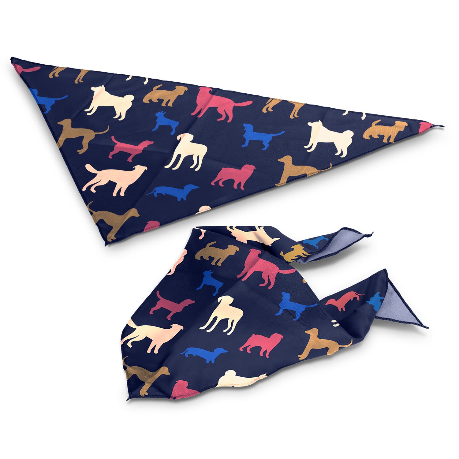 A medium pet bandana in navy blue featuring a colourful pattern of various dog silhouettes. Includes a logo. Pet Bandana - Medium - Image 1