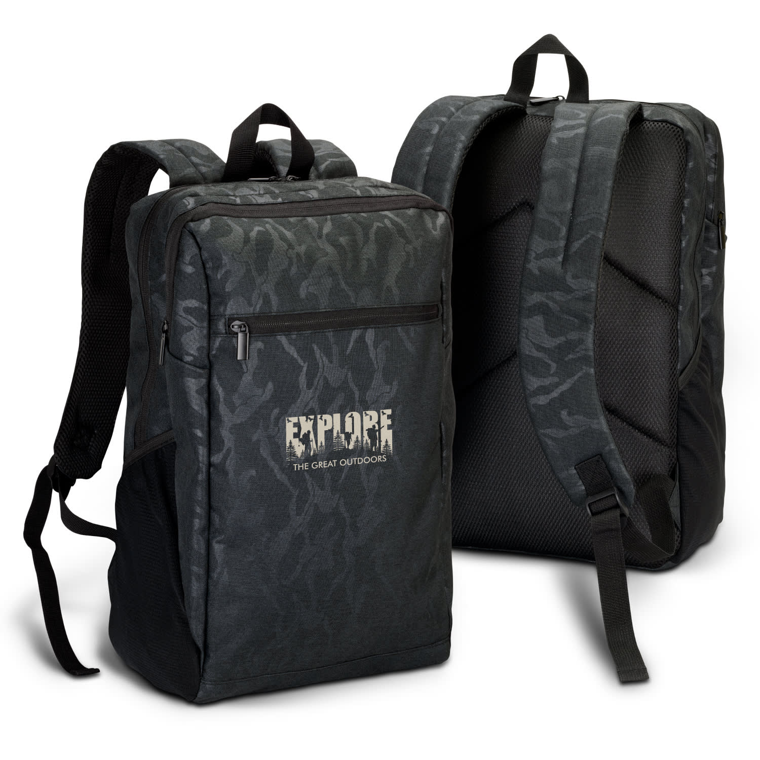 A dark green camouflage backpack with padded shoulder straps and a logo on the front. Features zippered compartments. Urban Camo Backpack - Image 1